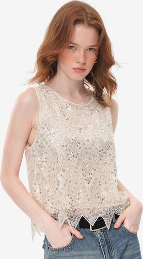yoligex Top 'Beaded Sequined Mesh Sleeveless Top, Irregular Pointed‑Hem Sheer Crew Neck Vest' in L in Egg shell, Item view