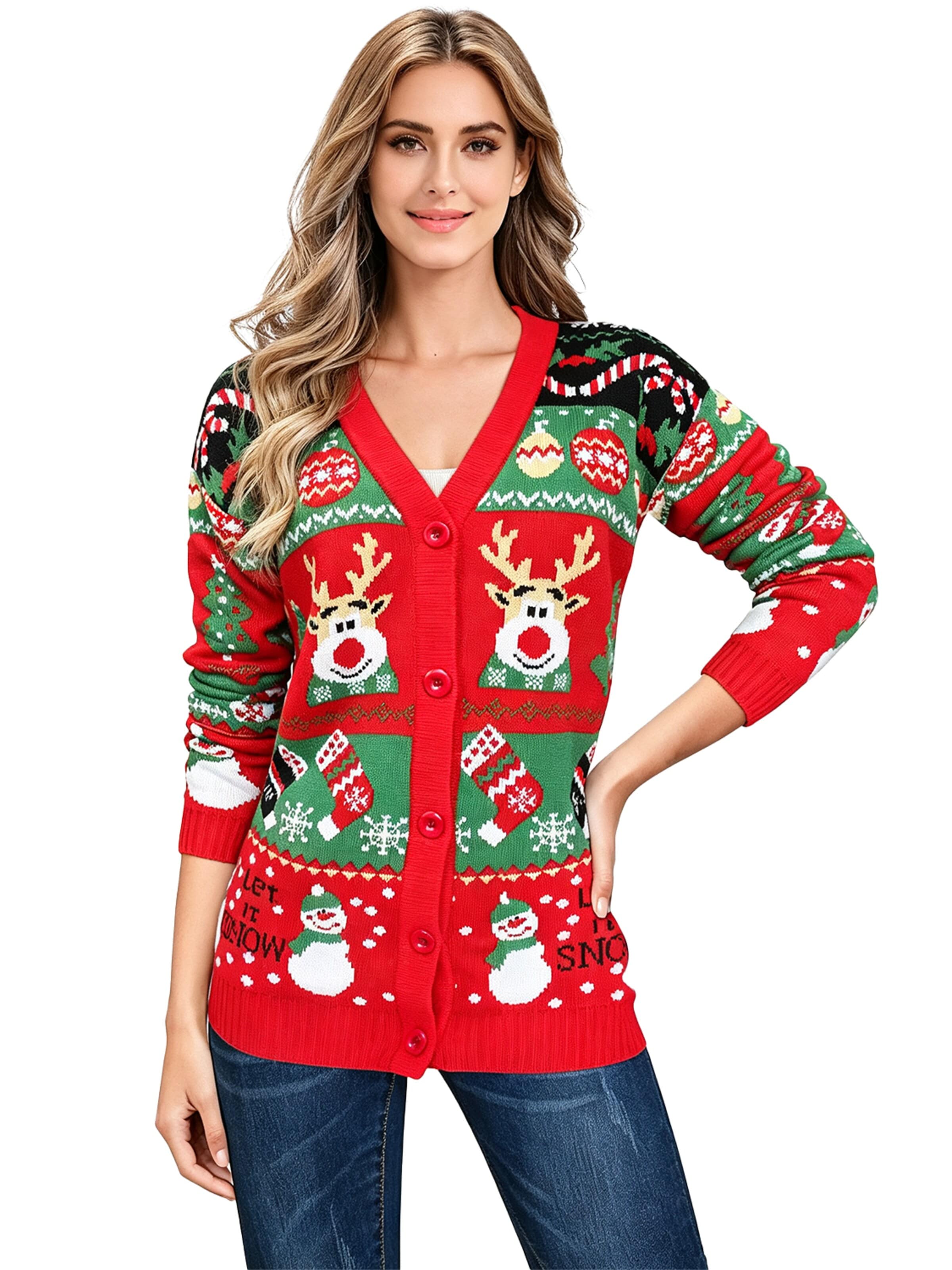 KoJooin Knit cardigan 'Damen Ugly Christmas Sweater mit Rentier Lustiger festlicher Strickpullover mit Schneeflocken' in Red