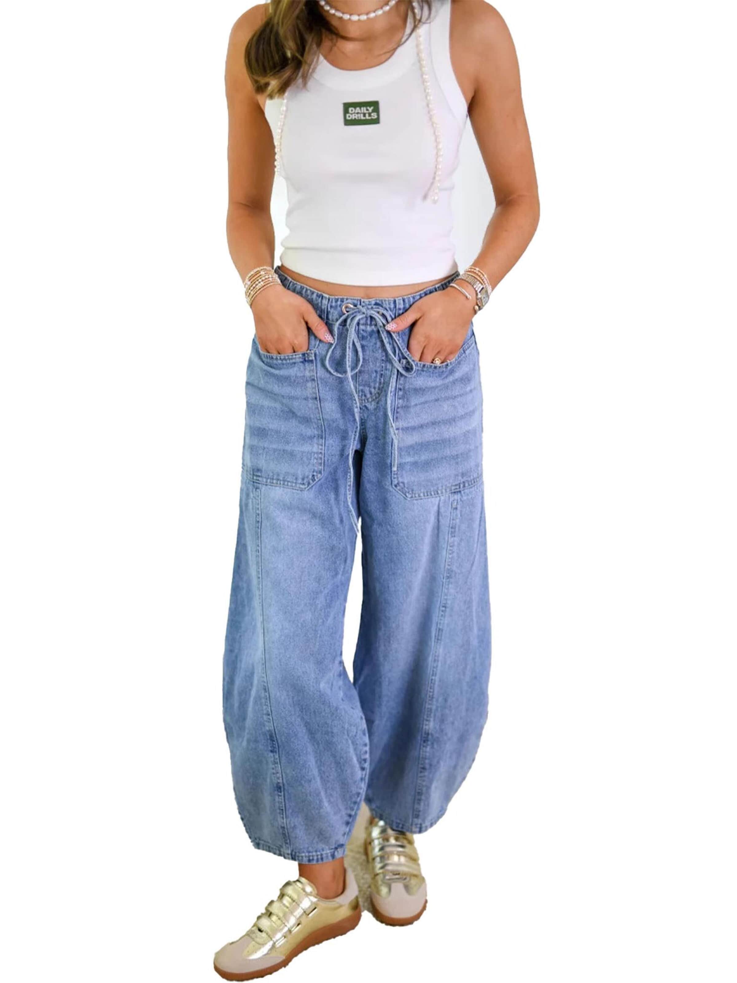 KoJooin Normalny krój Spodnie 'Damen Stretch-Jeans mit Kordelzug, hohem Bund, lockerem, weitem Bein und Baggy-Jeans' w kolorze niebieski: przód