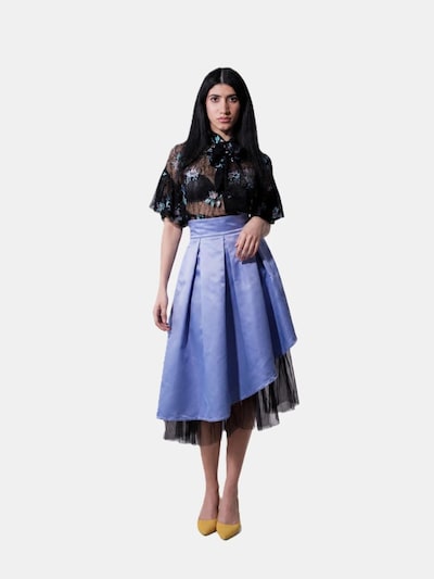 BIBI SAKALIEVA Rok 'Lavender Pleated Asymmetrical Satin Taffeta Midi Skirt with Tulle' in 36 in de kleur Lavendel, Productweergave