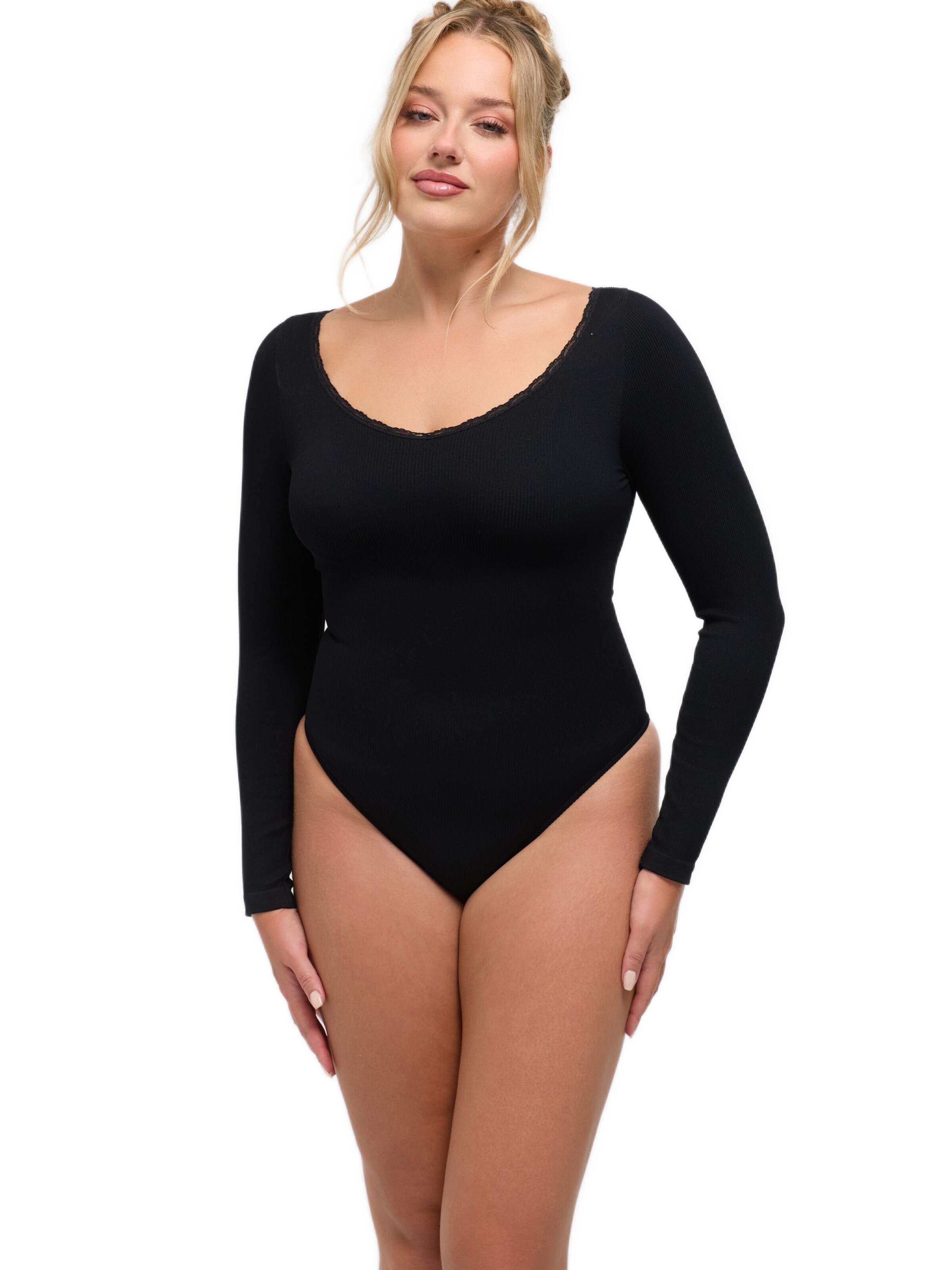 cfab Body 'Ribbed Longsleeve V-Neck Sculpting Lace Bodysuit with String' värissä musta