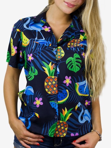 King Kameha Bluse 'Flamingo Melone' in Blau: Vorderseite