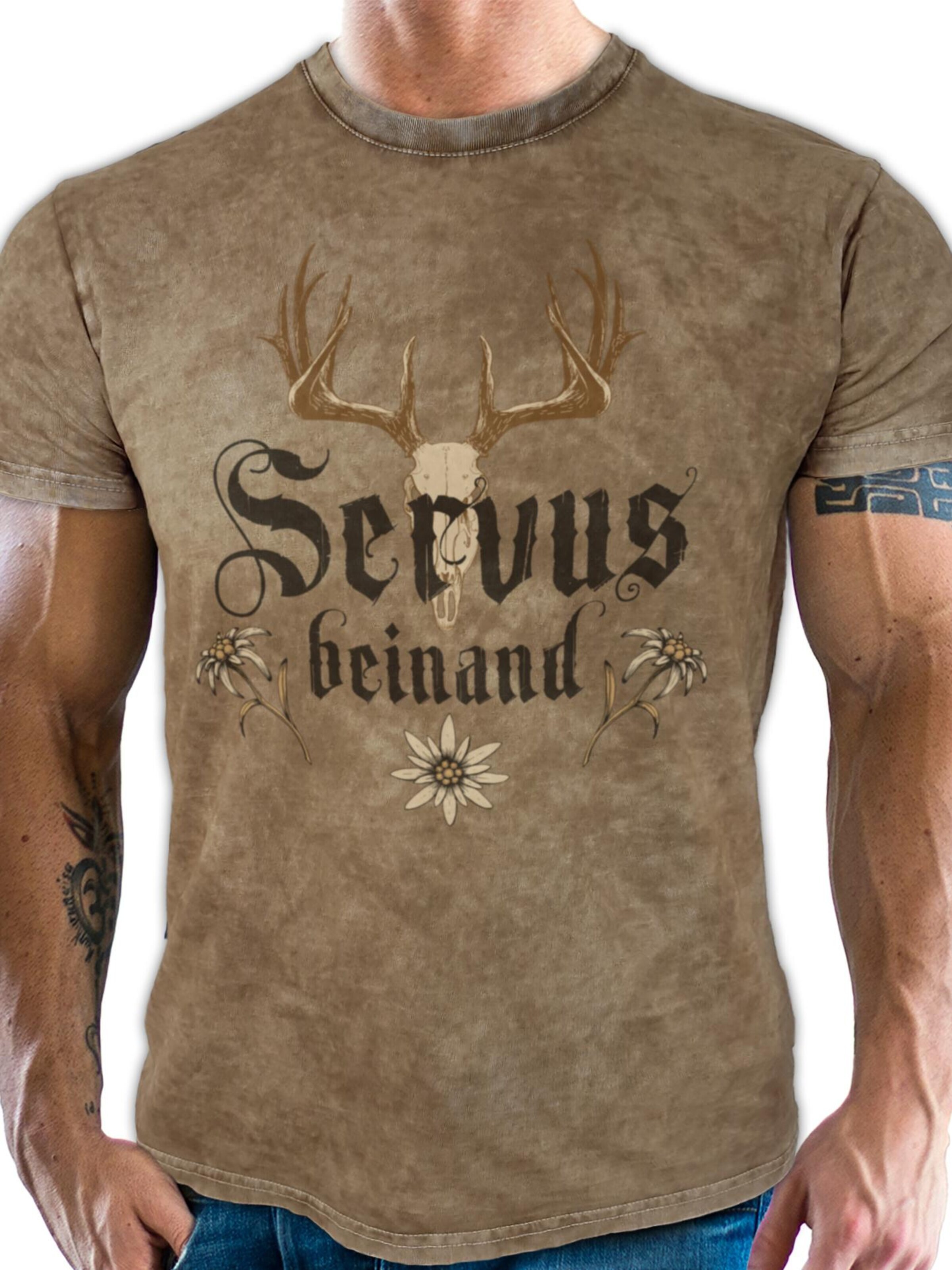 Lobo Negro Traditional Shirt 'Servus Beinand' in Brown: front