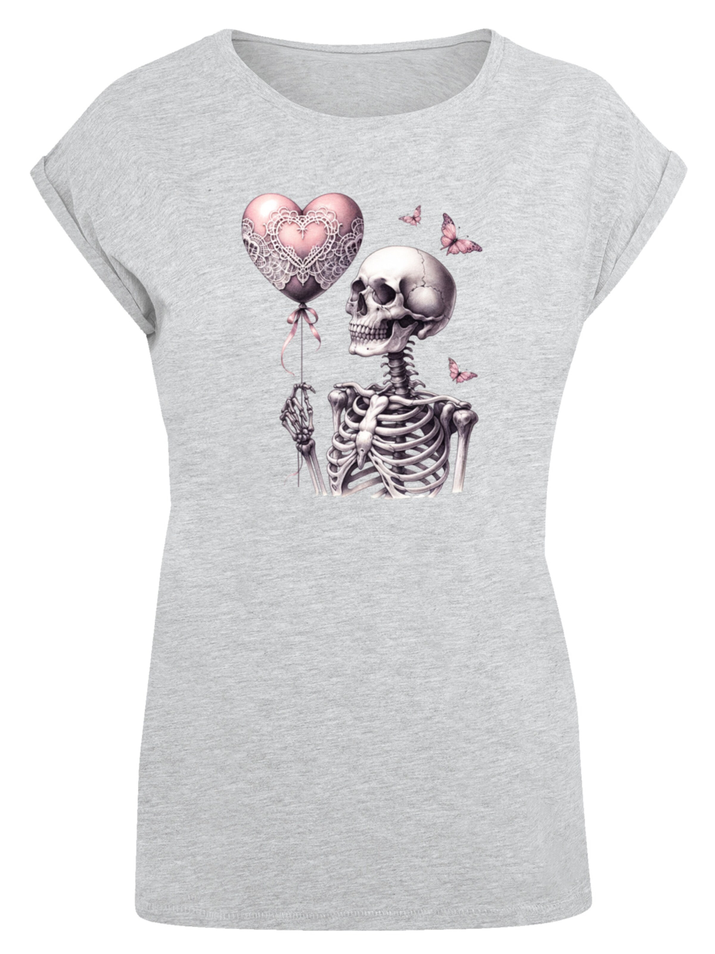 F4NT4STIC Shirt 'Skelett hält Herzballon' in Grijs: voorkant