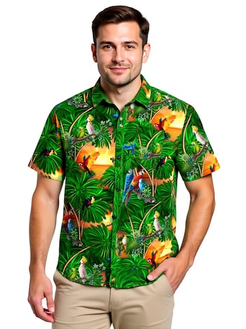 Hawaiihemdshop.de Regularny krój Koszula 'Hawaiihemd "Jungle Parrots"' w kolorze zielony