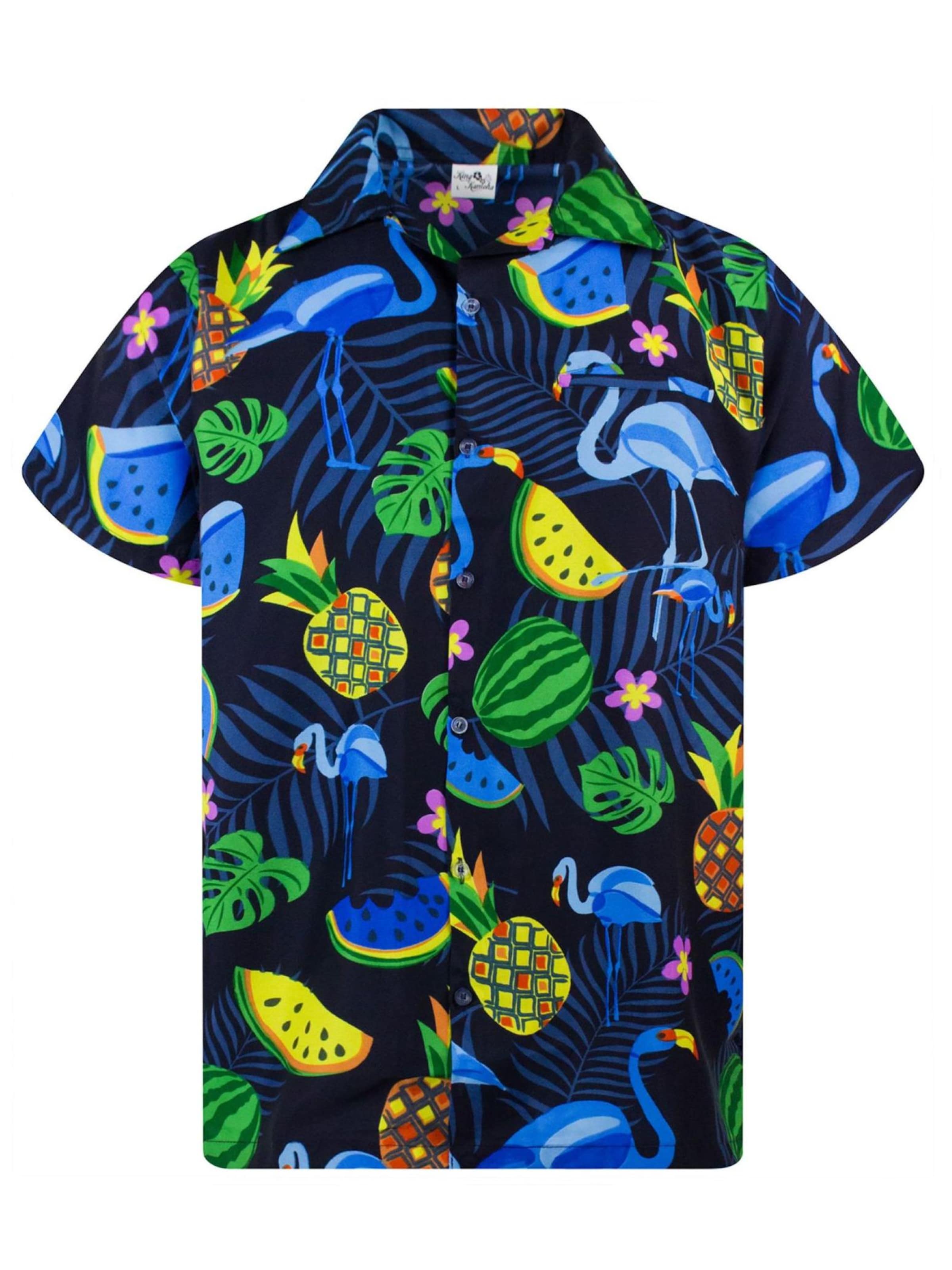 King Kameha Shirt 'Flamingo Melone'‌‌‌‌‌‌‌ in Blau: Vorderseite