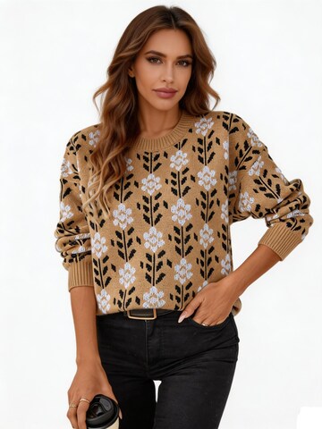 KoJooin Svetr 'Damen Blumen Strickpullover Rundhals Langarm Freizeit Winter Pullover für Alltag und Stadtausflüge' – béžová