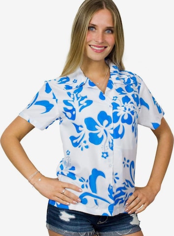 Camicia da donna 'Hibiscus White Line' di King Kameha in blu: frontale