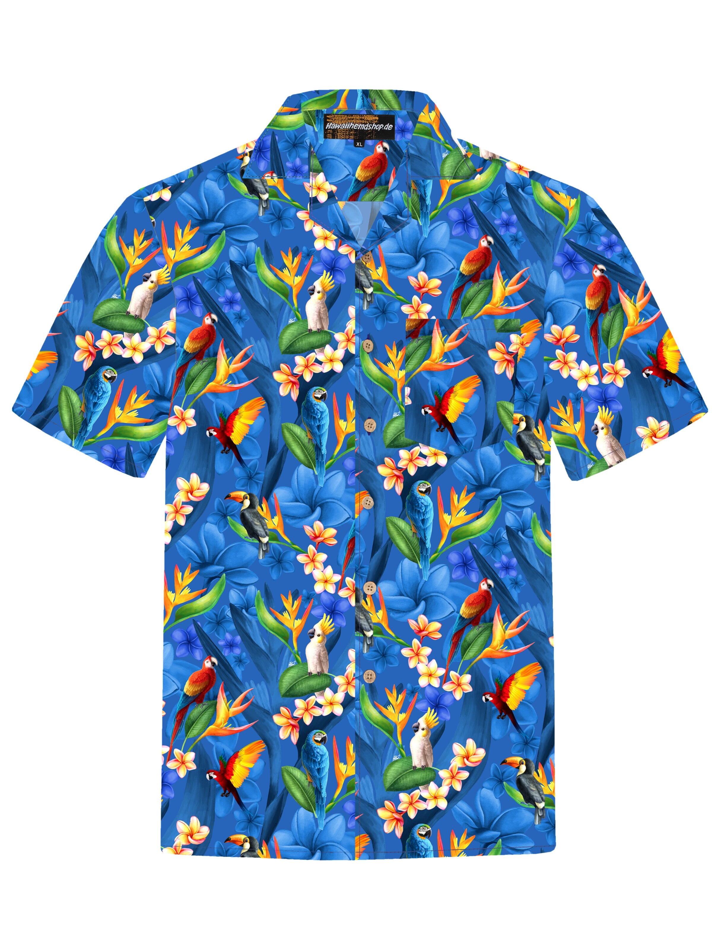 Regular fit Camicia 'Hawaiihemd "Flower Parrots (blue)"' di Hawaiihemdshop.de in blu: frontale
