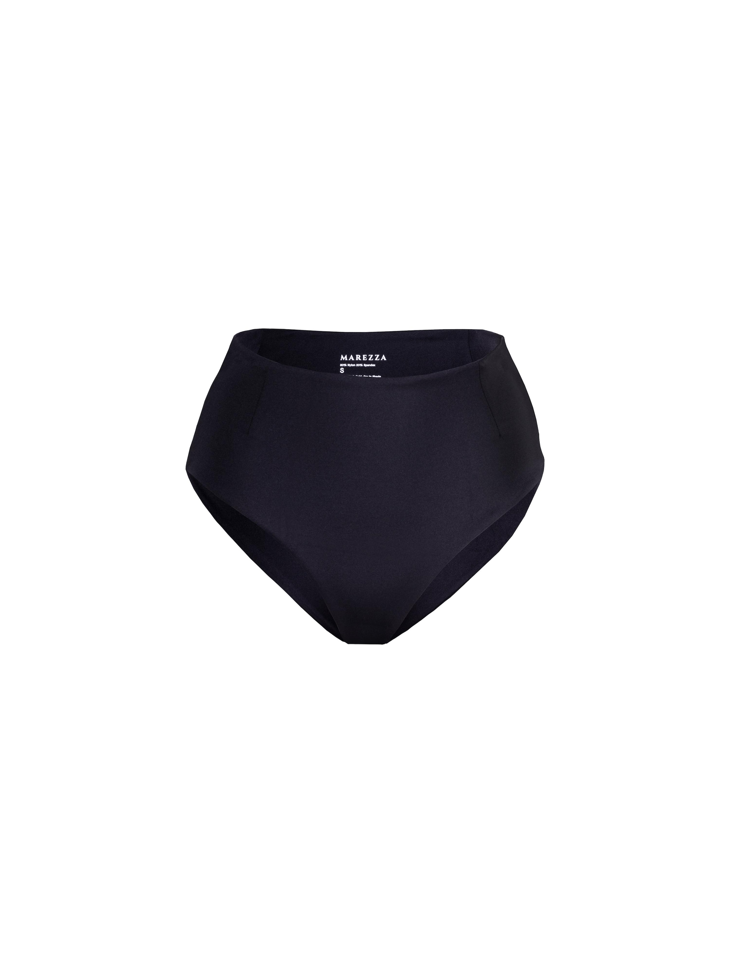 MAREZZA Bikini Bottoms 'Ligeia Darted High-Rise Bikini Bottom in Metallic Black' in Black: front