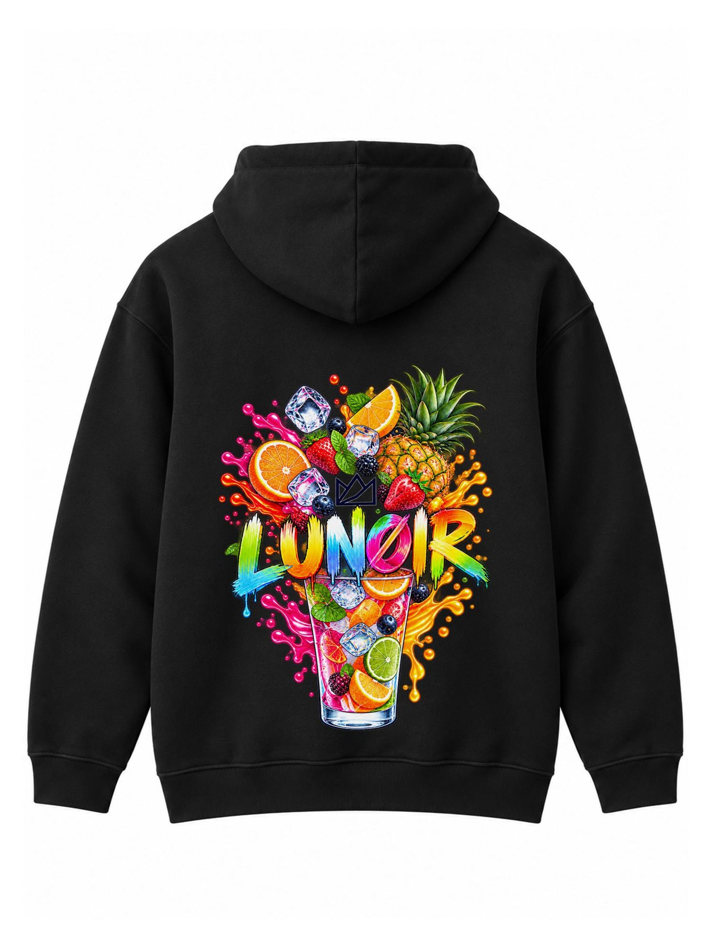 LUNØIR Studio Tréning póló 'Tropical Riot – Fruit Splash' - fekete: elől