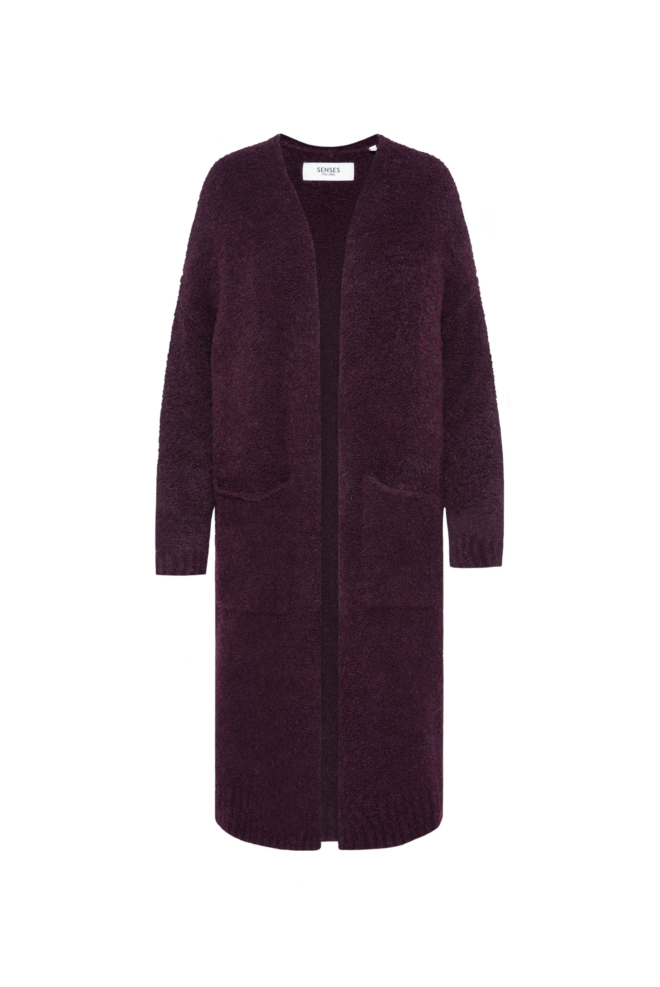 SENSES.THE LABEL Long Cardigan aus Bouclé-Strick in dunkelrot, Produktansicht