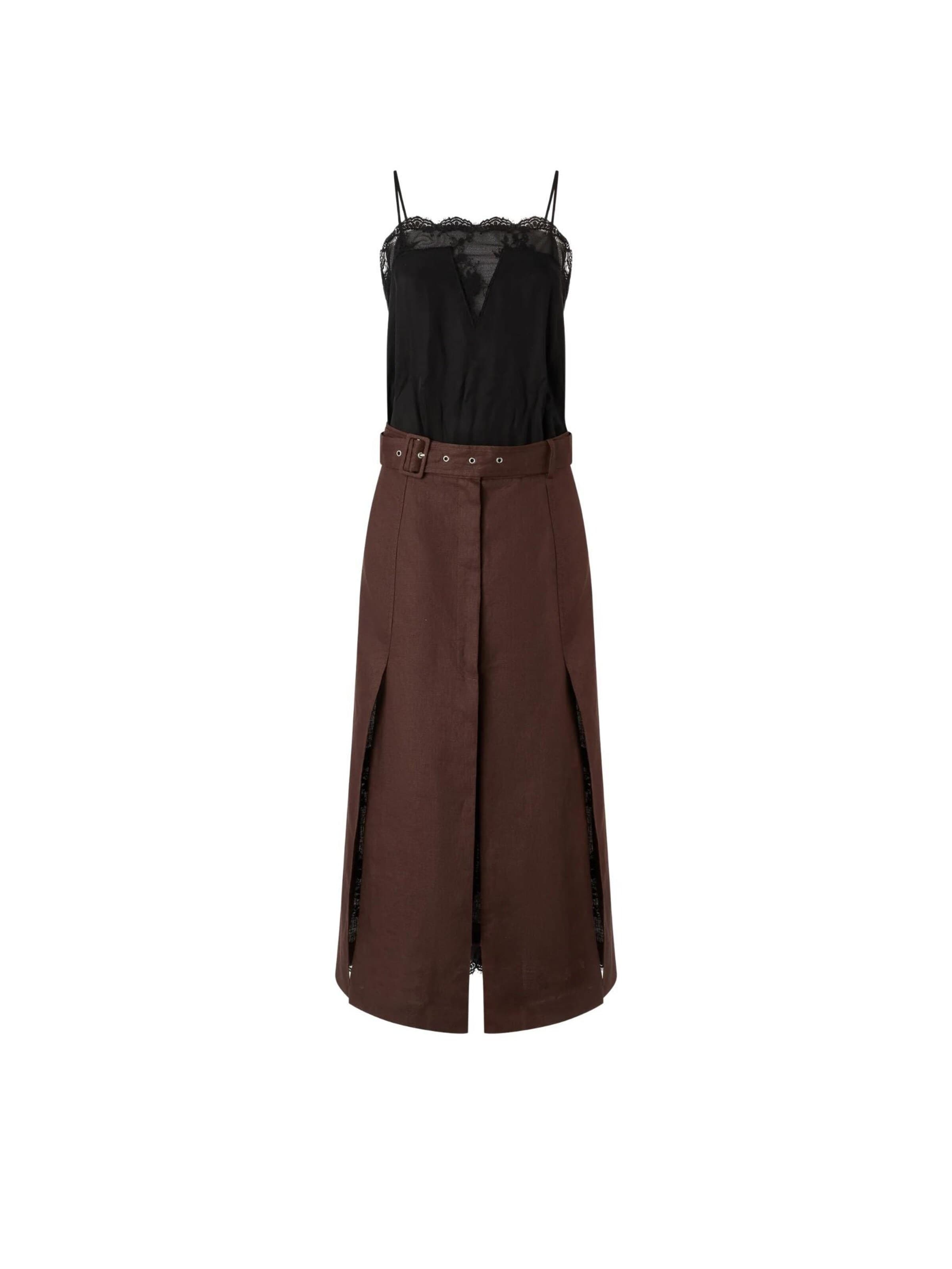 PINKO Robe 'PINKO ISOLDA ABITO LINO ACCOPPIATO CON PIZZO ABITO' en 36 en marron, Vue avec produit