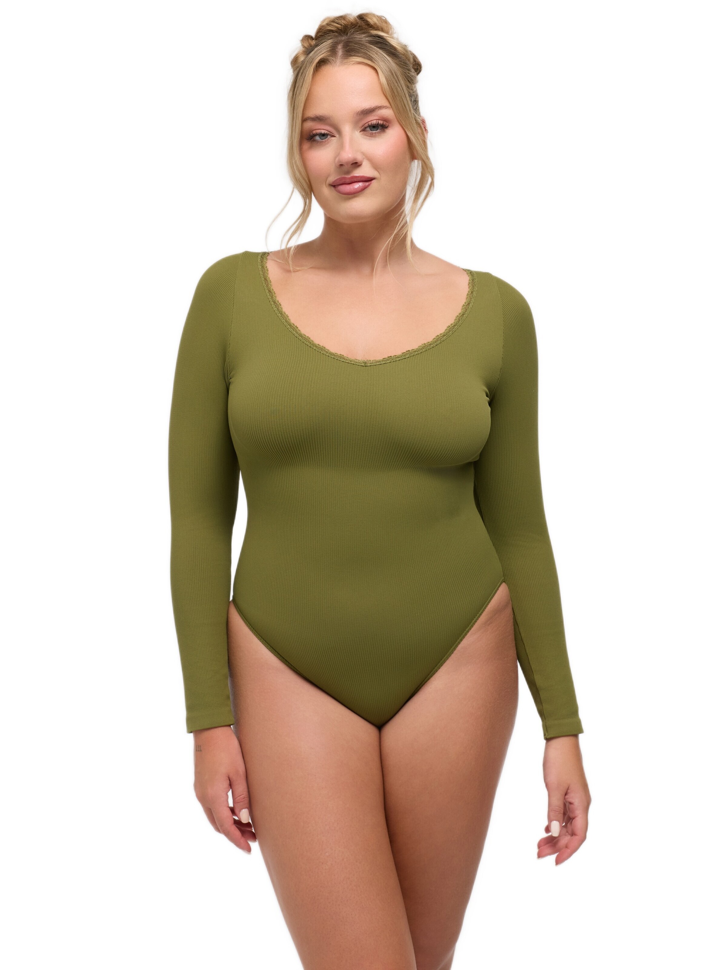 cfab Body 'Ribbed Longsleeve V-Neck Sculpting Lace Bodysuit with Slip' värissä vihreä