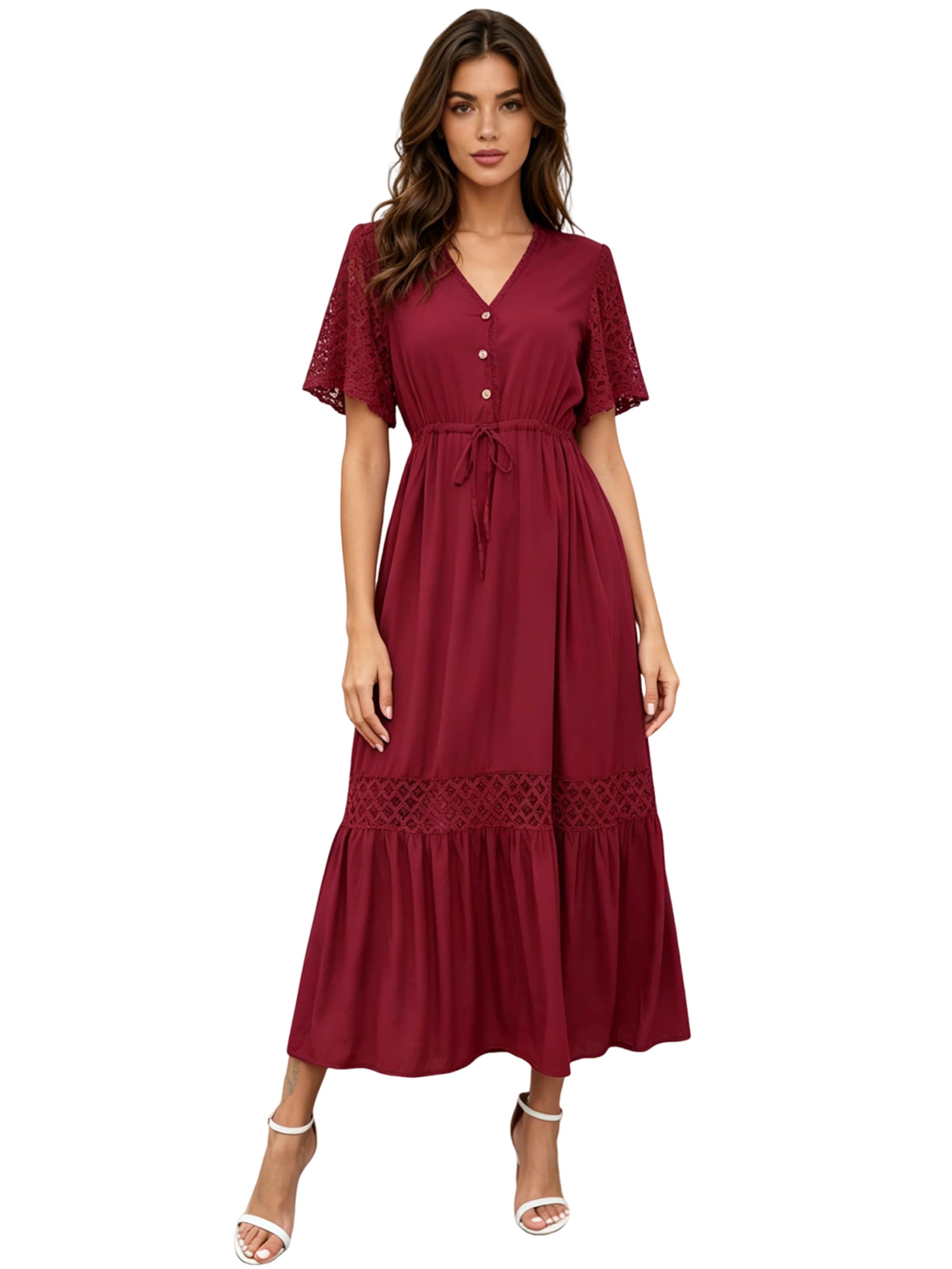 KoJooin Dress 'Maxikleid Damen V-Ausschnitt Spitzenärmel Langes Sommerkleid für Urlaub and Alltag' in Red: front