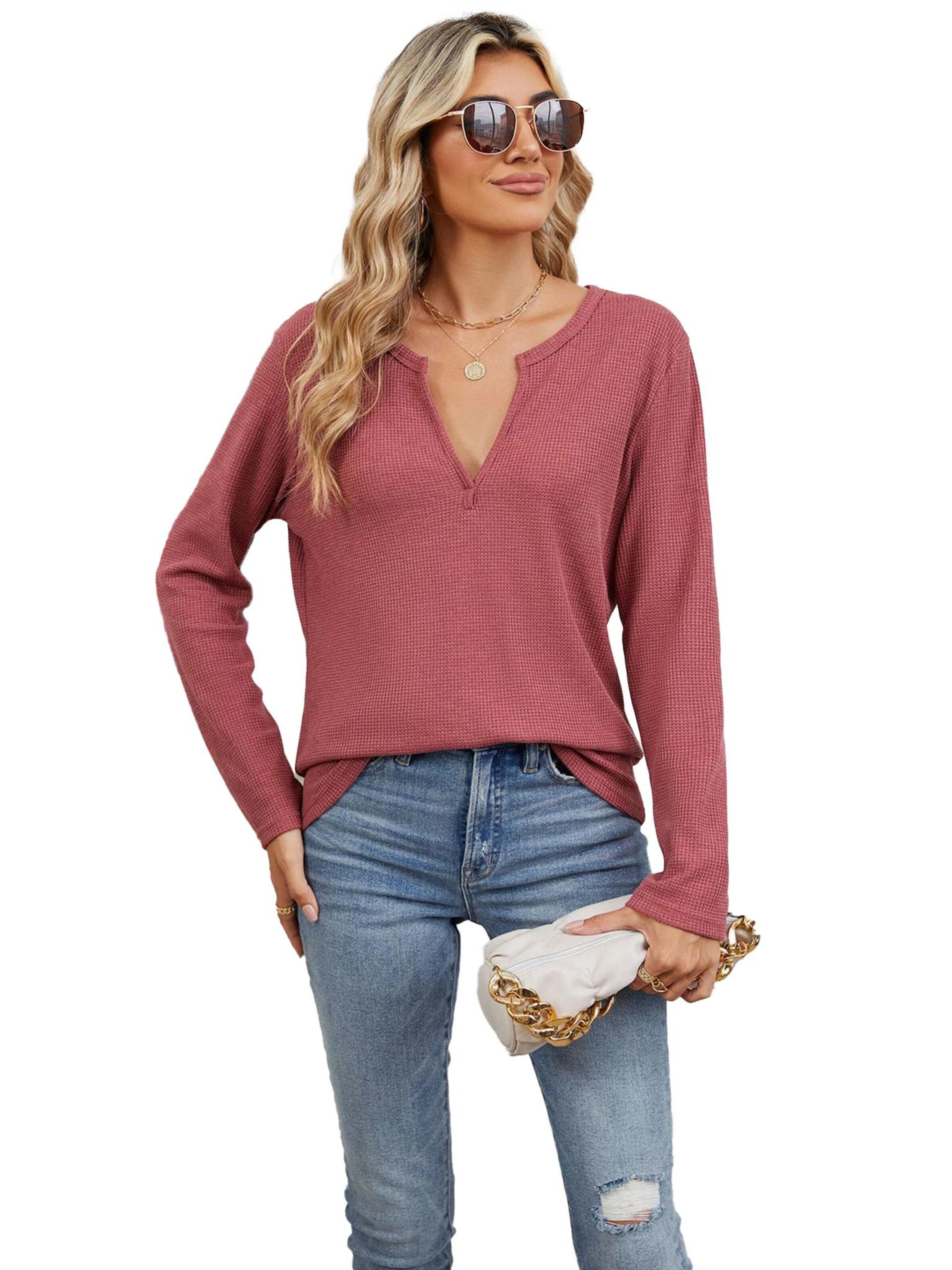 KoJooin Bluse 'Damen Lockeres V-Ausschnitt T-Shirt, langärmlig, unifarben Bequemes Basic für Freizeit,Alltag'‌‌‌‌‌‌‌‌‌‌ in Rot