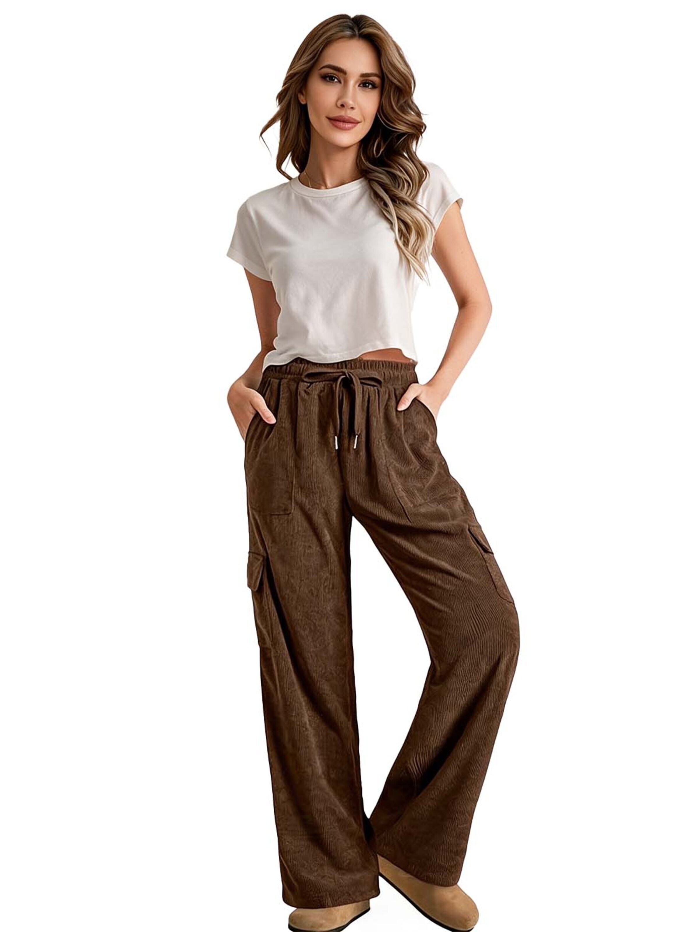 KoJooin Hose 'Damen Cord-Workwear-Hose mit elastischem Bund Lässige,gerade geschnittene Culotte mit weitem Bein'‌‌ in 44 in braun, Produktansicht