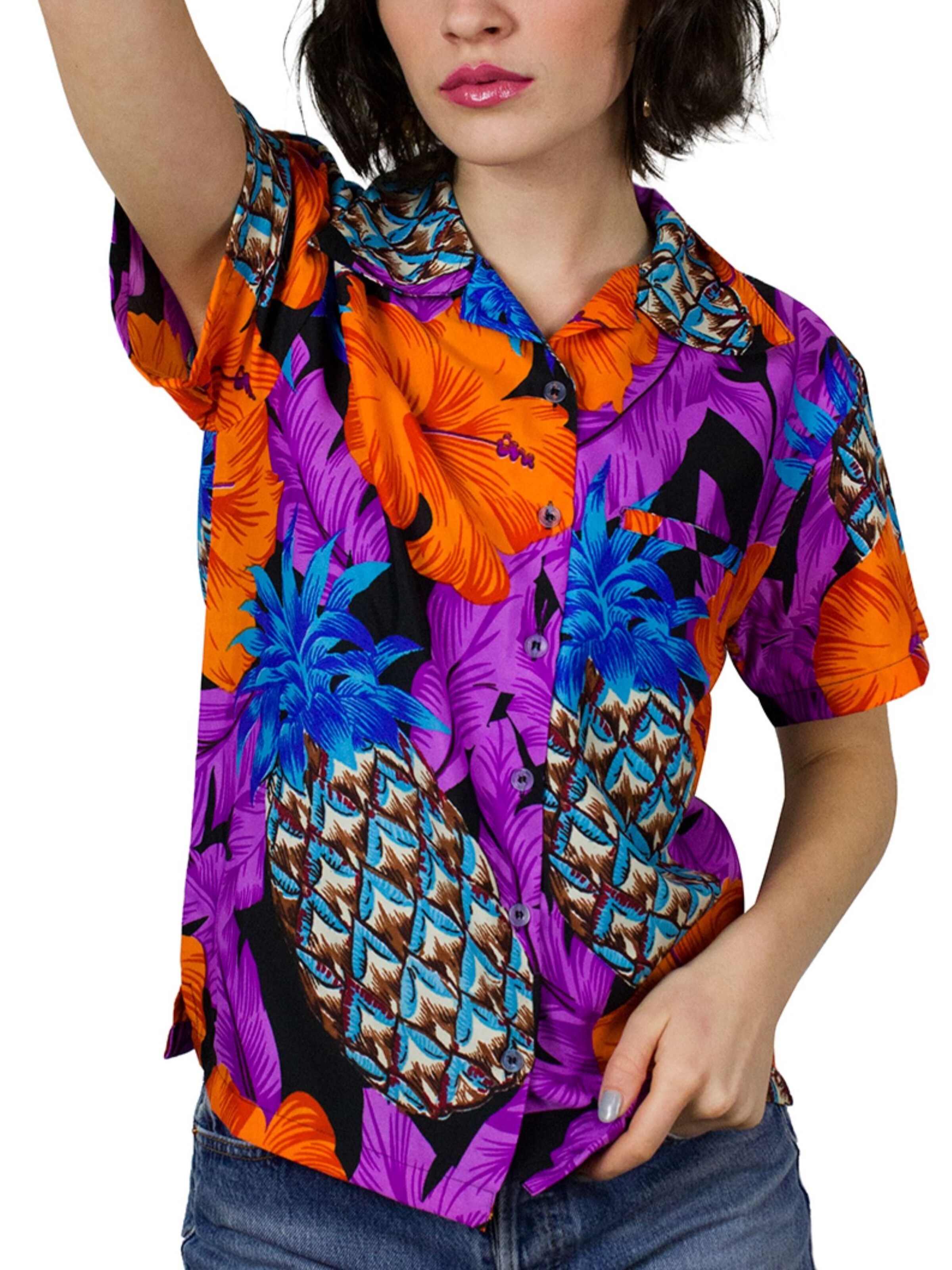 King Kameha Bluse 'Pineapple Hibiscus Black Line'‌‌‌‌ in Lila