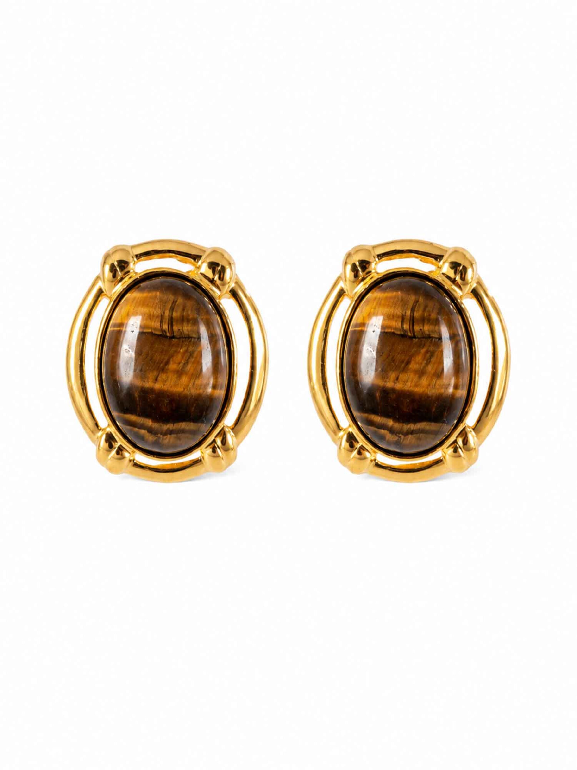 RteRme - Brincos 'Vintage-Inspired Tiger Eye Stone Gold Stud Earrings' em ouro: frente