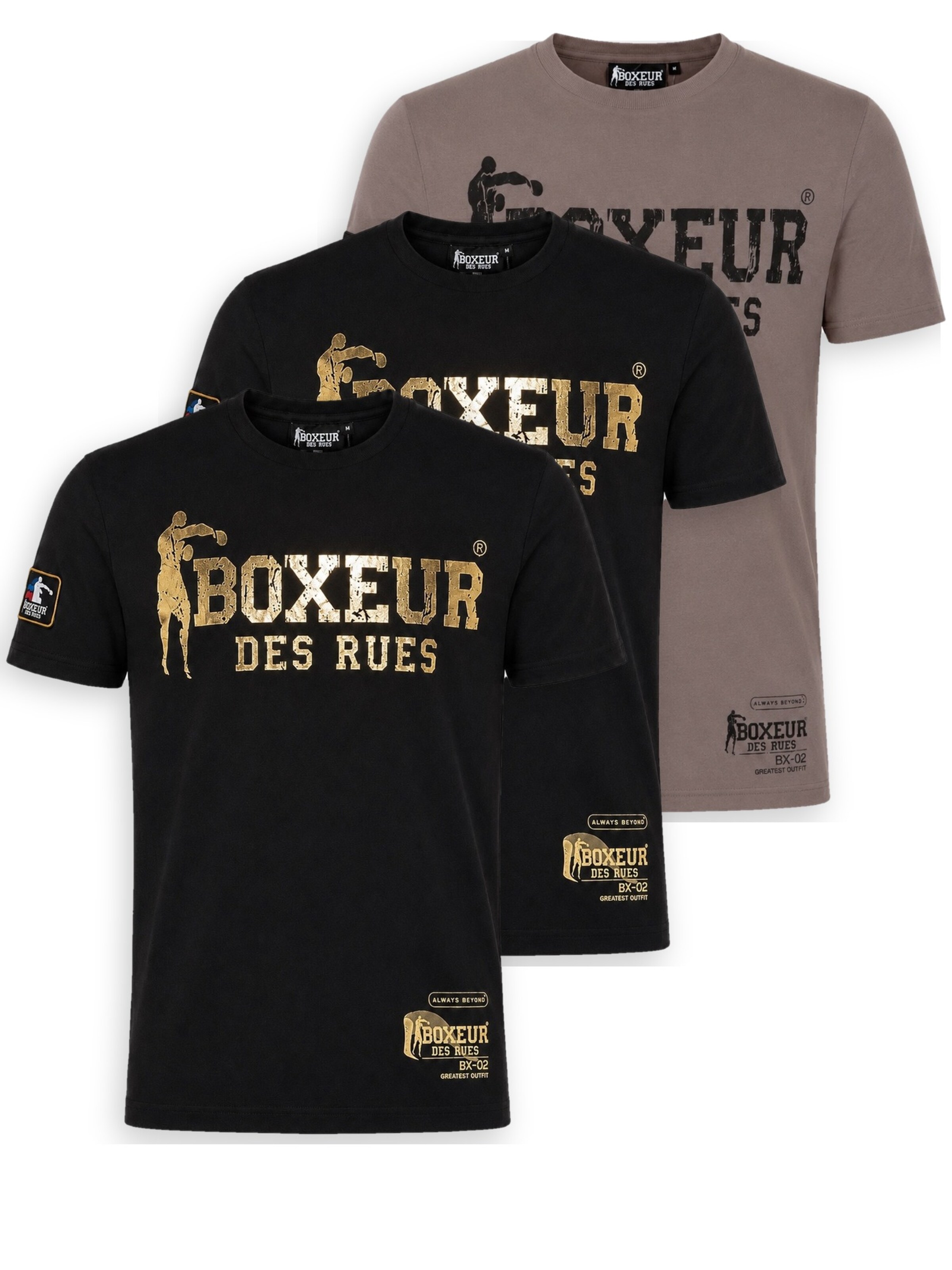 Boxeur des Rues Shirt 'Herren T-Shirt 3er-Pack Boxeur des Rues Slim Fit: Taupe-Grau, Schwarzes Logo + 2 x Schwarz, Goldenes Logo'‌‌‌‌‌‌‌‌ in Mischfarben: Vorderseite