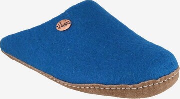 WoolFit Hausschuh 'Tibet mit Ledersohle' in Blau: Vorderseite