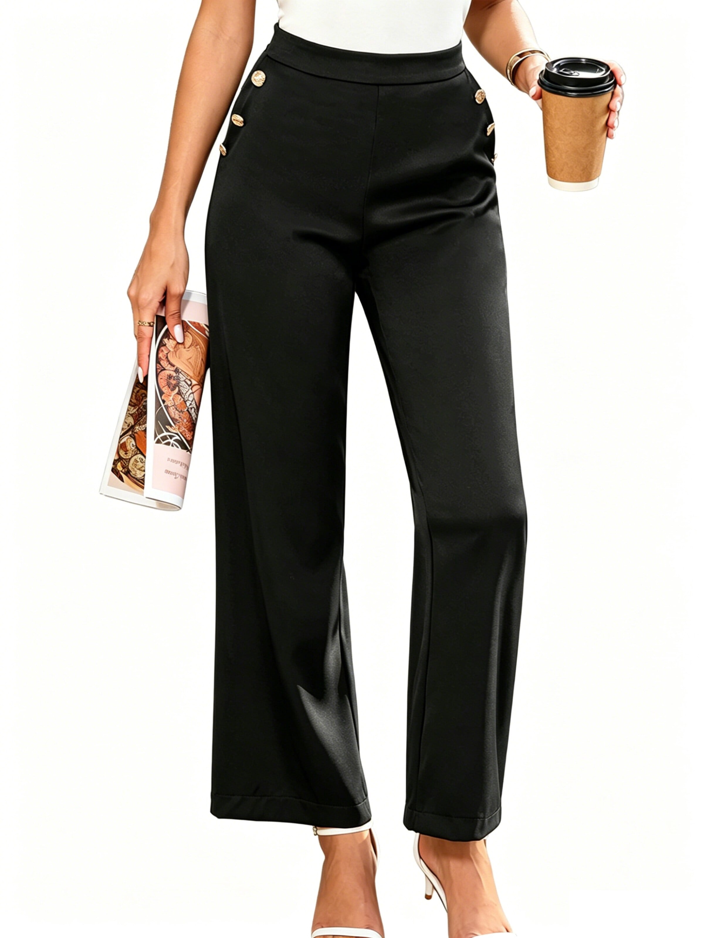 KoJooin Wide Leg Hose 'Weit geschnittene Anzughose für Damen, hochtaillierte Arbeitshose, Business-Casual-Hose mit Knöpfen'‌‌‌‌ in Schwarz