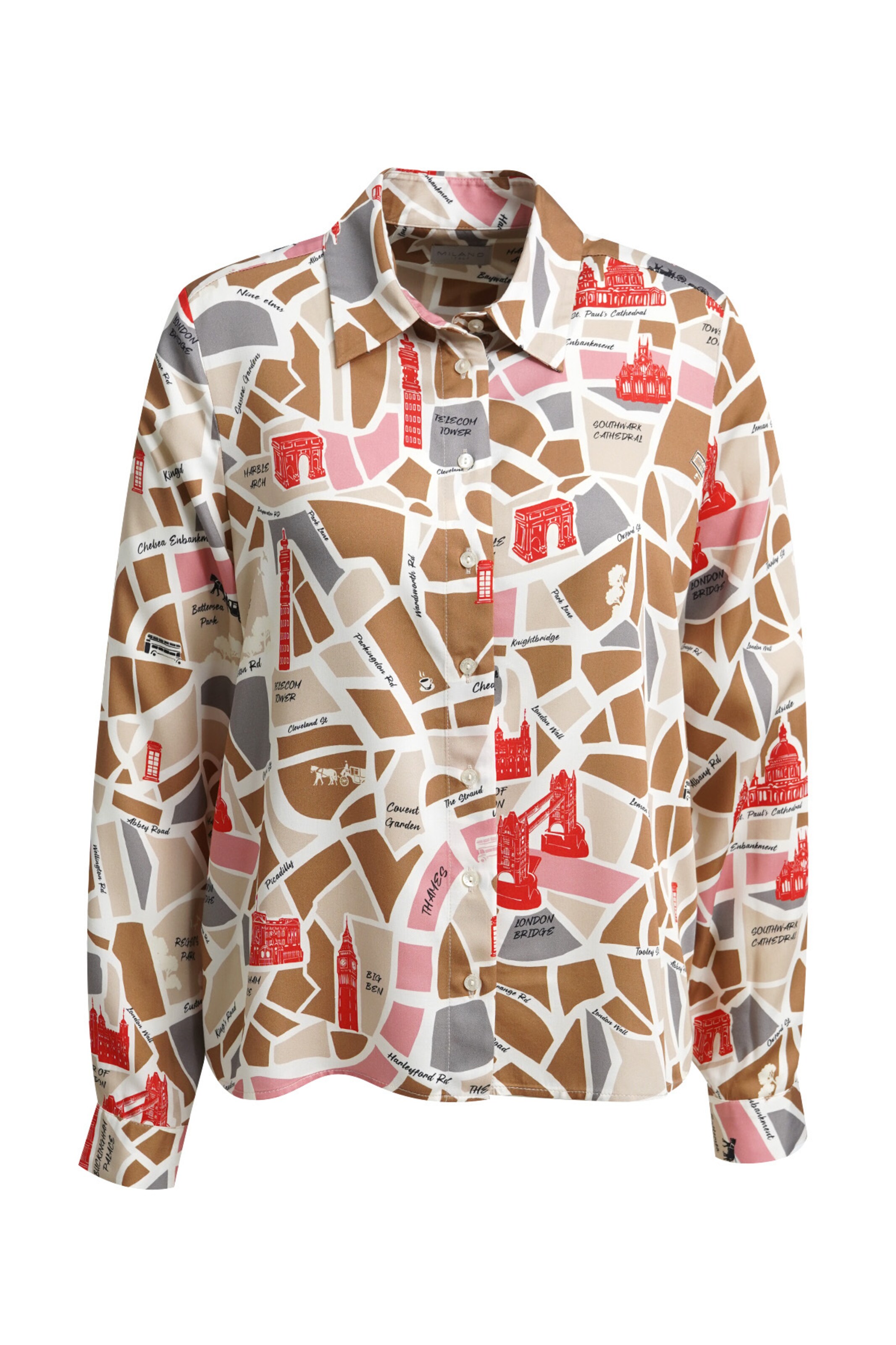 Milano Italy Langarmbluse mit London All Over Print in Braun: Vorderseite