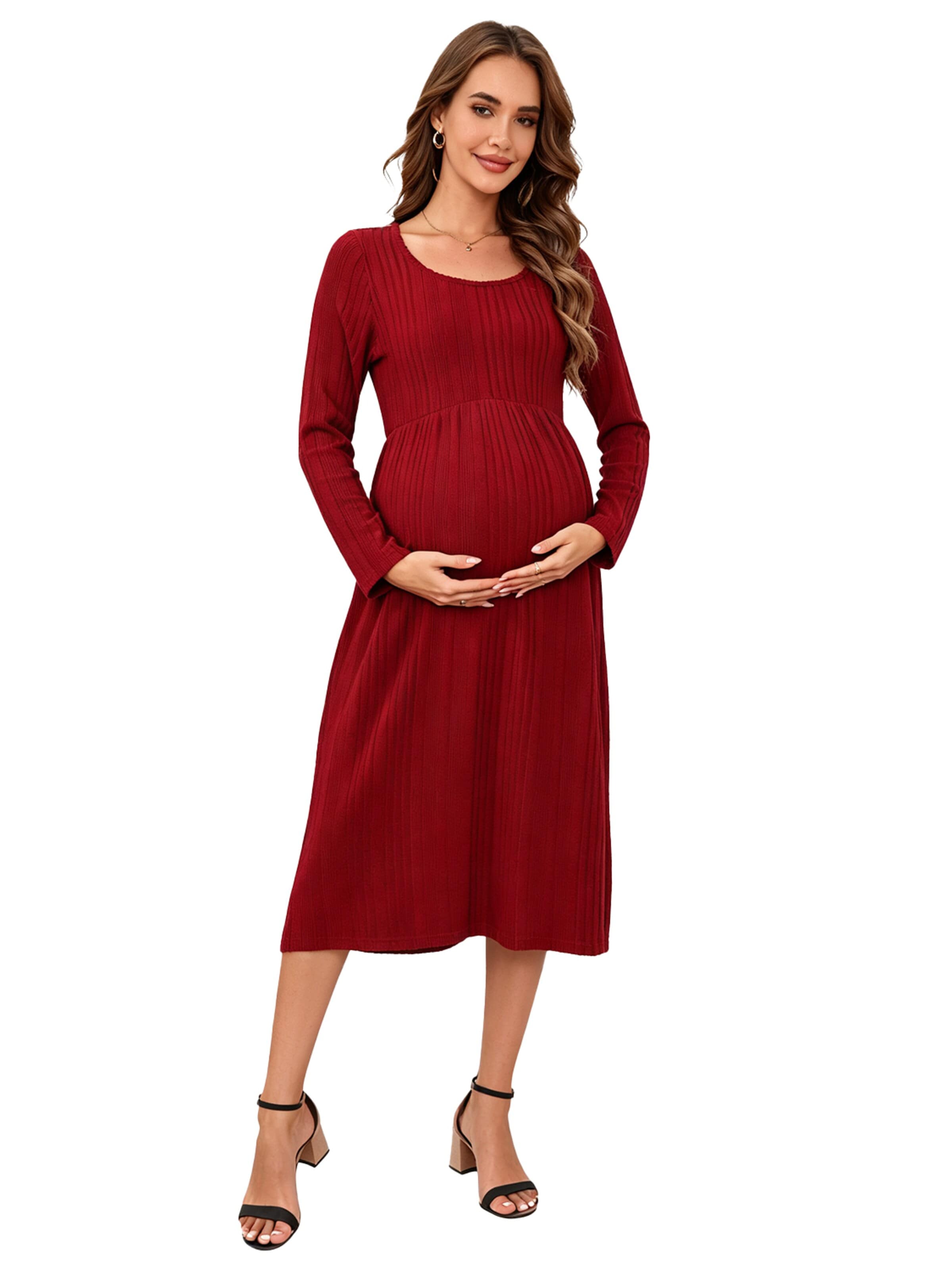 KoJooin Sukienka z dzianiny 'Damen Umstands-Strickkleid mit U-Ausschnitt,langen Ärmeln und Rüschensaum,Midi-Kleid für Babyshower' w kolorze czerwony