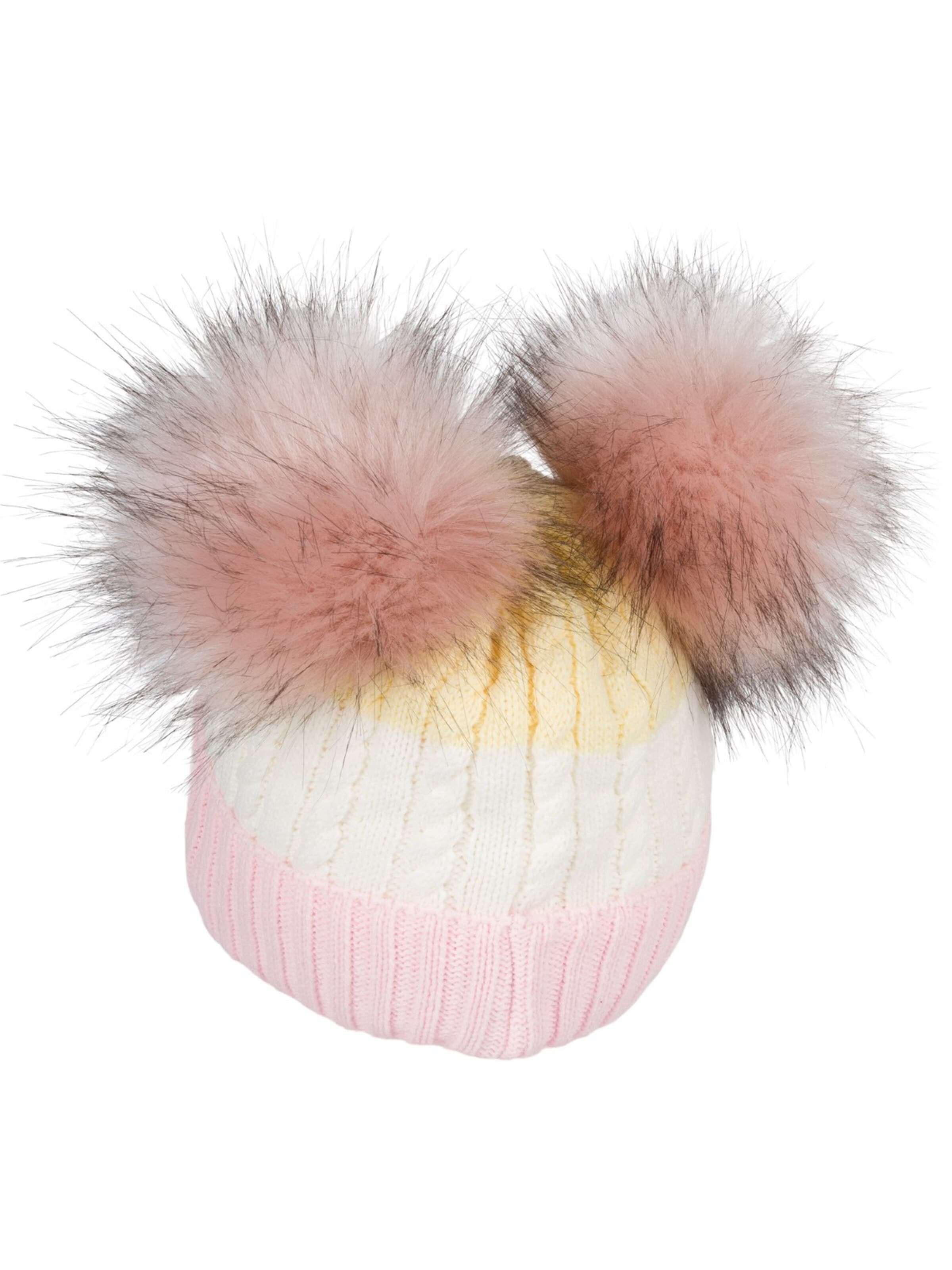 styleBREAKER Beanie 'Gestreifte Kinder Bommelmütze mit zwei Bommel' in Pink: front