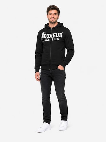Boxeur des Rues Sweatshirt 'Herren Hoodie Fitted Boxeur des Rues mit Reißverschluss und Kapuze, Schwarz, Weißes Logo, Baumwolle' in Zwart