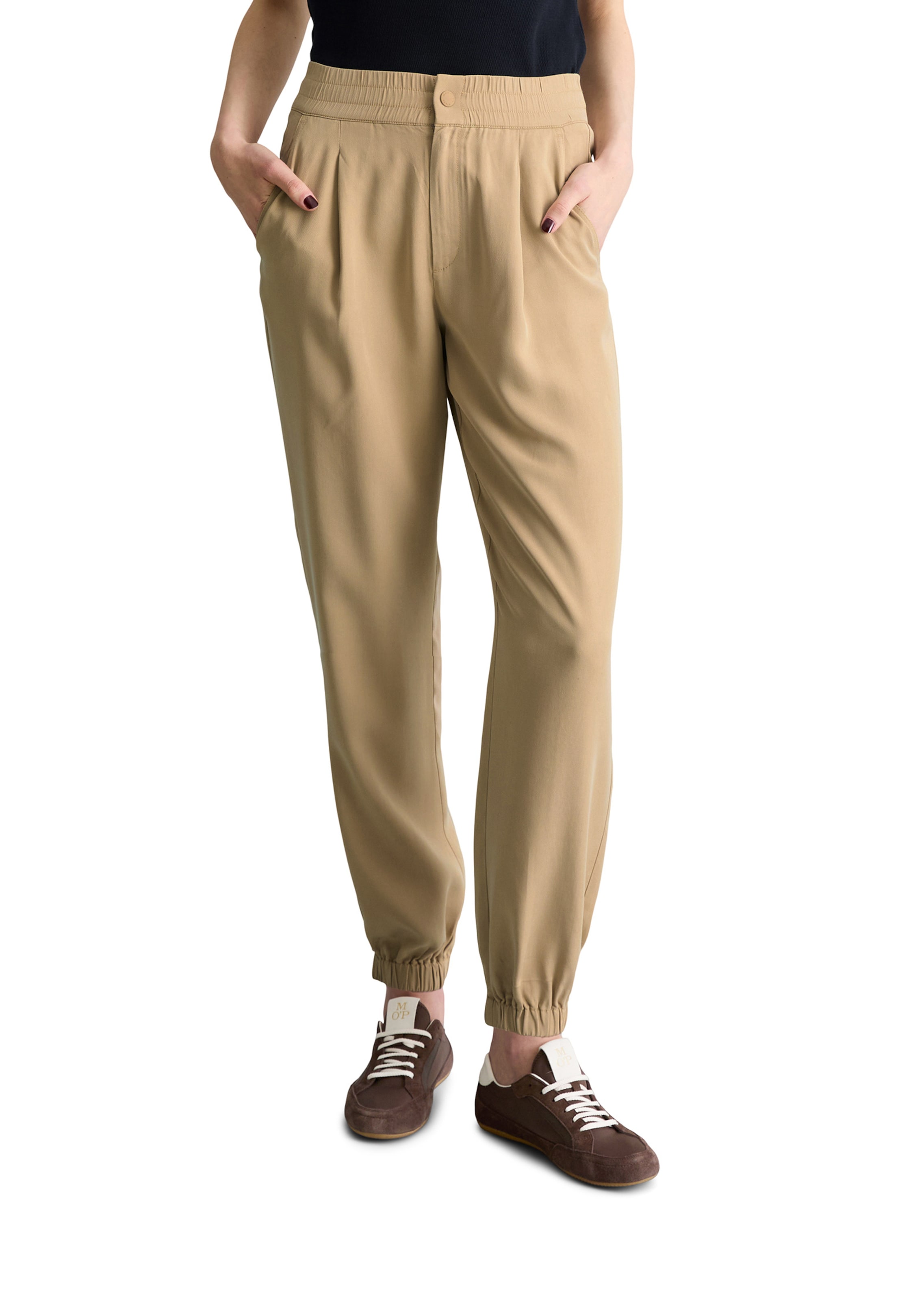 Marc O'Polo DENIM Tapered Bandplooibroek in Beige: voorkant