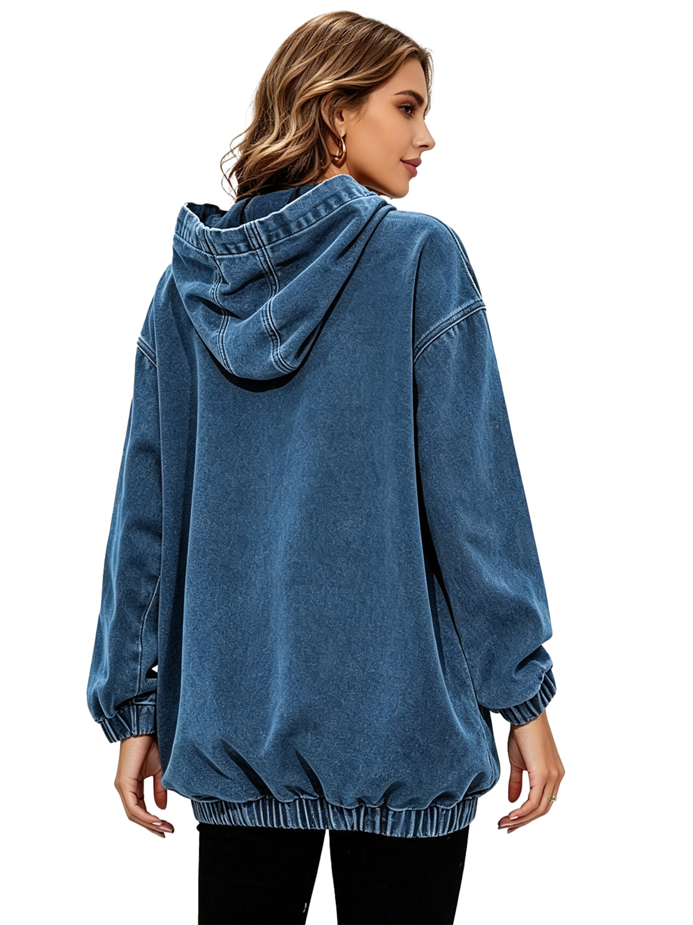 KoJooin Bluzka sportowa 'Damen Denim Hoodie Langärmeliger Pullover mit Kapuze und Taschen Jeansjacke in Sweatshirt-Optik' w kolorze niebieski