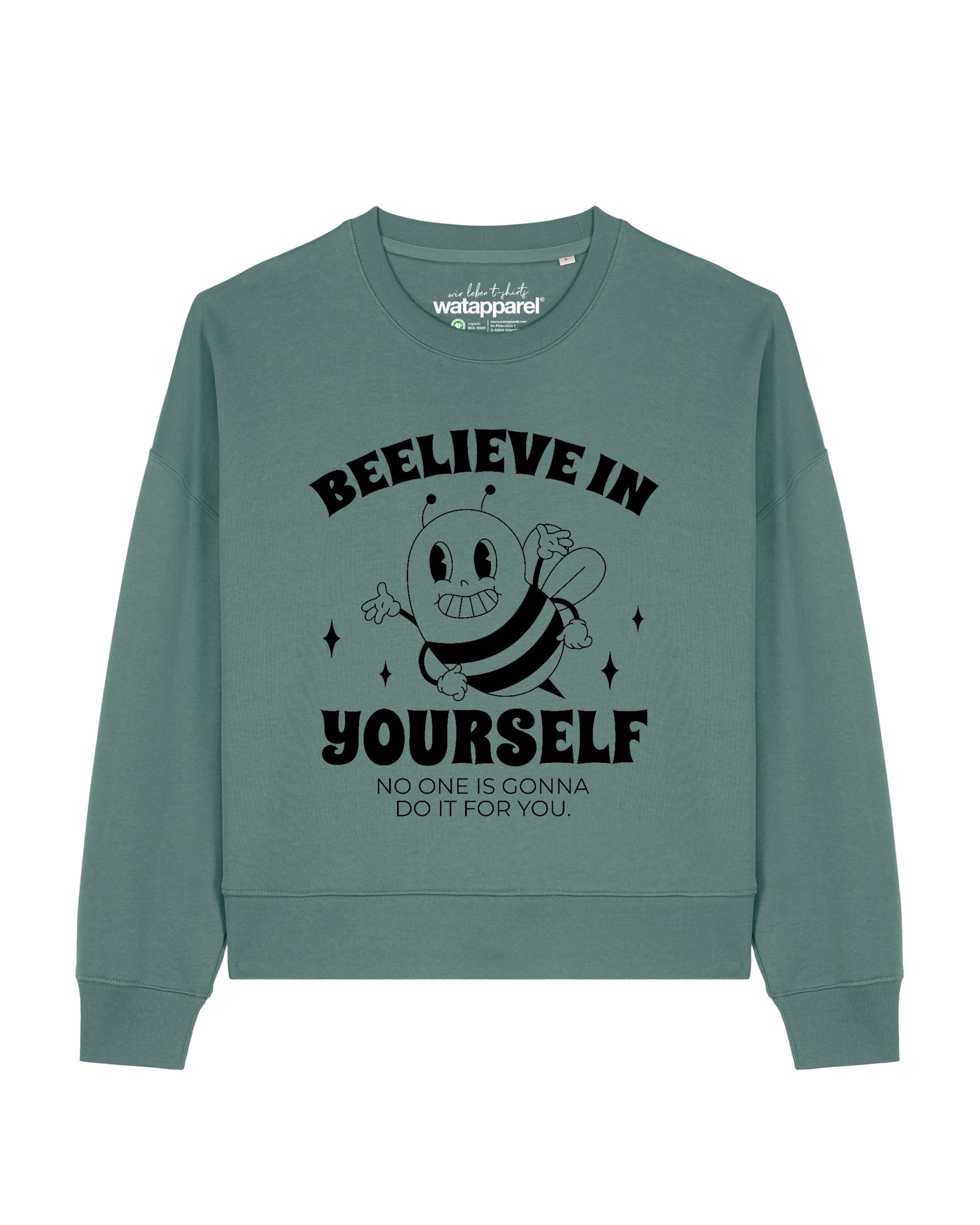 Watapparel Sweatshirt 'Beelieve in yourself ' in Groen: voorkant