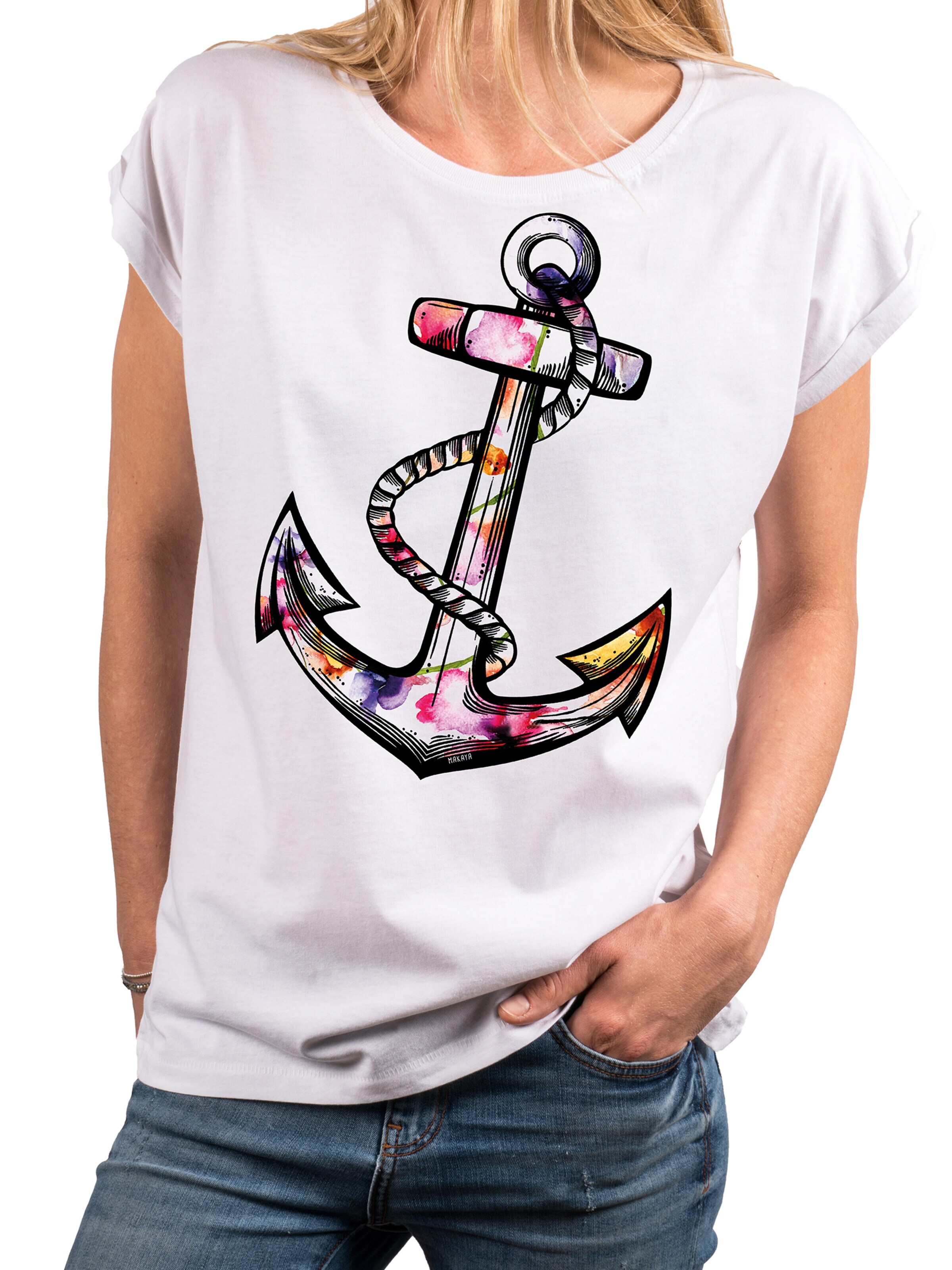 MAKAYA Shirt 'Blumen Anker' in White