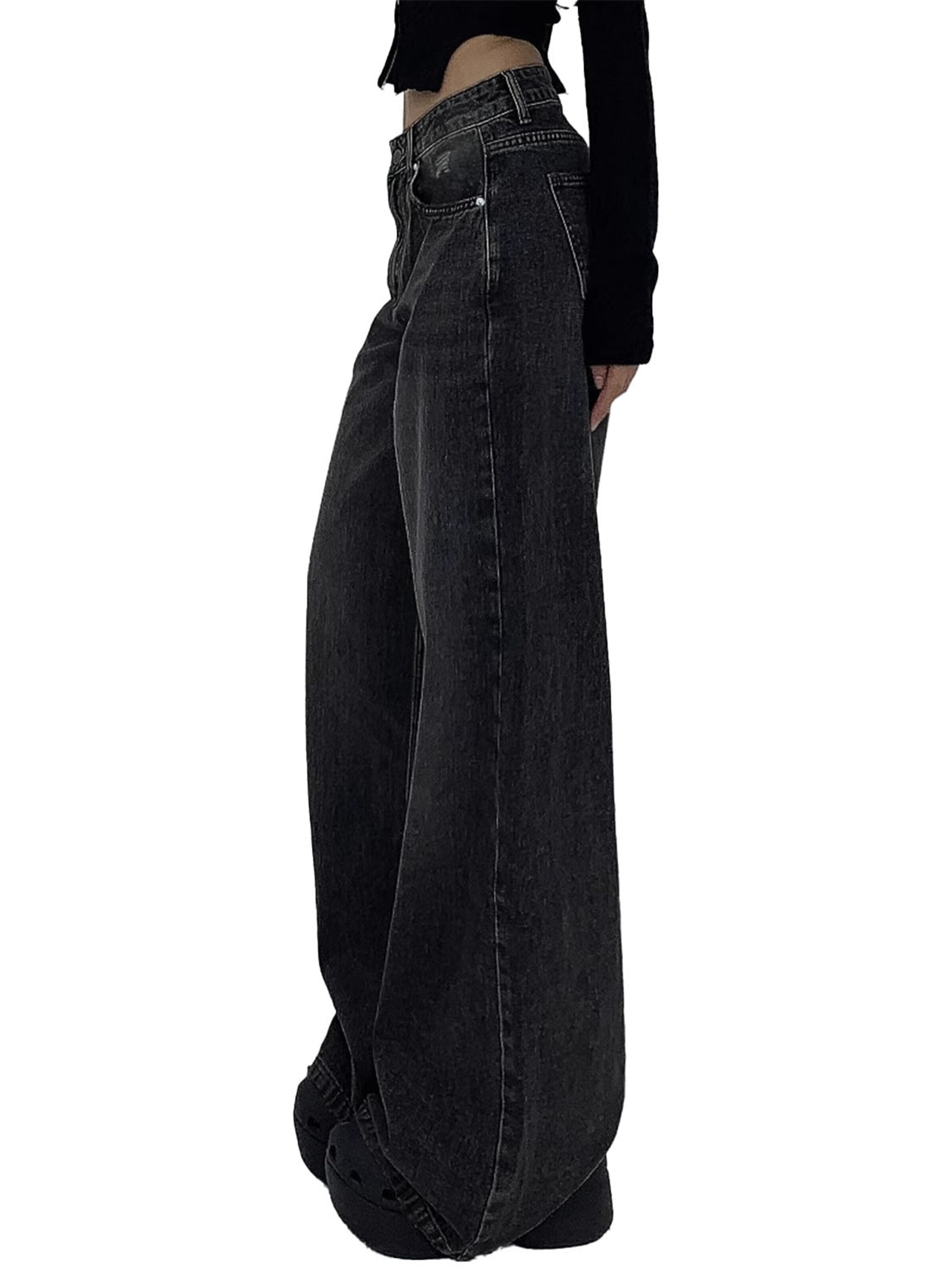 KoJooin Normalny krój Jeansy 'Damen Extraweite Jeans Mit Langem Bein Lockerer Passform Und Used-Details' w kolorze czarny