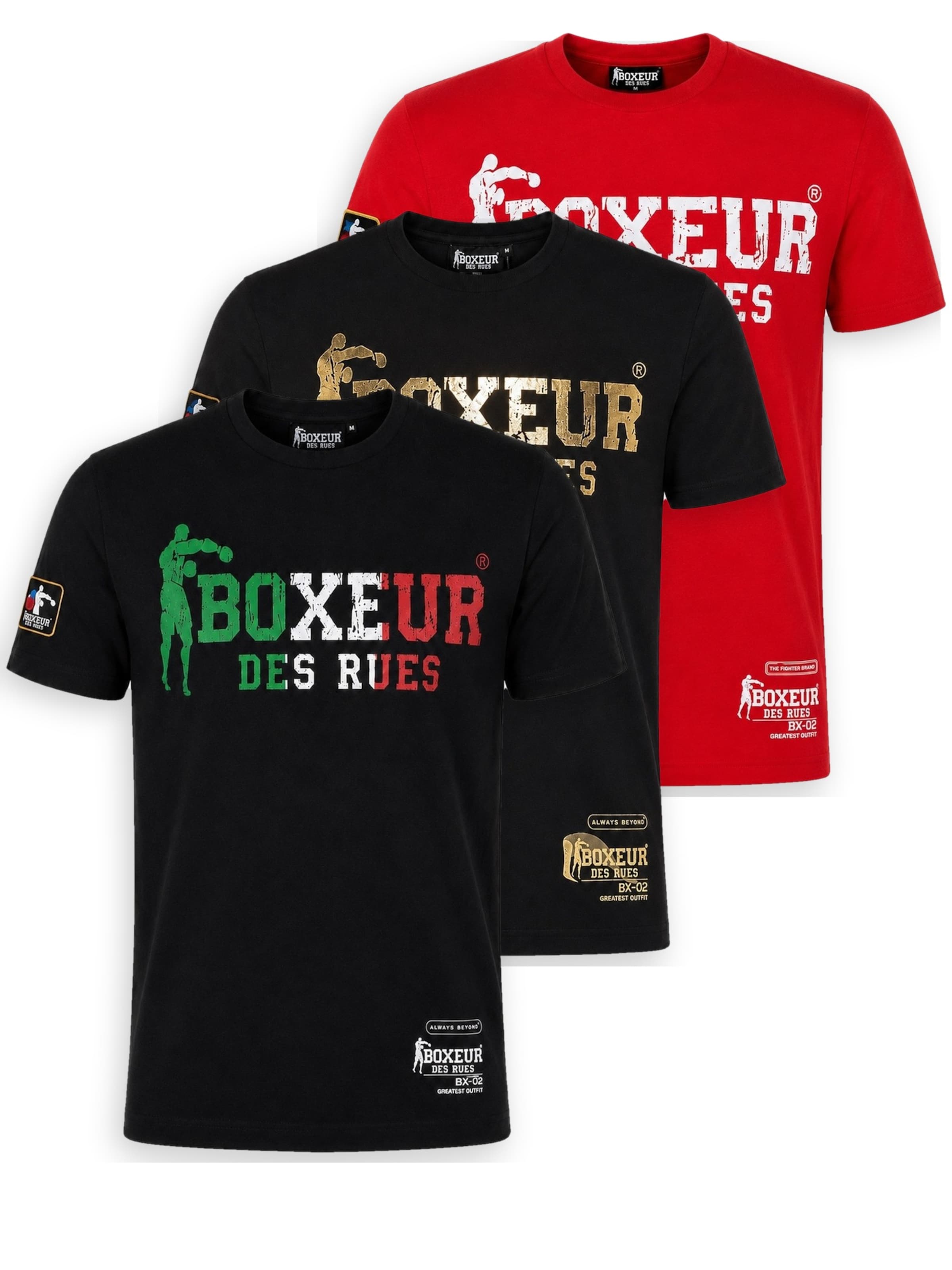 Boxeur des Rues Shirt 'Herren T-Shirt 3er-Pack Boxeur des Rues Slim Fit: Schwarz, Logo dreifarbig + Schwarz, Logo golden + Rot, Logo weiß'‌‌‌‌‌‌ in Mischfarben: Vorderseite