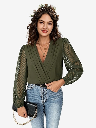 KoJooin Shirt Bodysuit 'Damen-Body mit langen Ärmeln, Bluse, tiefem V-Ausschnitt, transparenten Ärmeln,Trikot-Shirt' in XL in Dark green, Item view