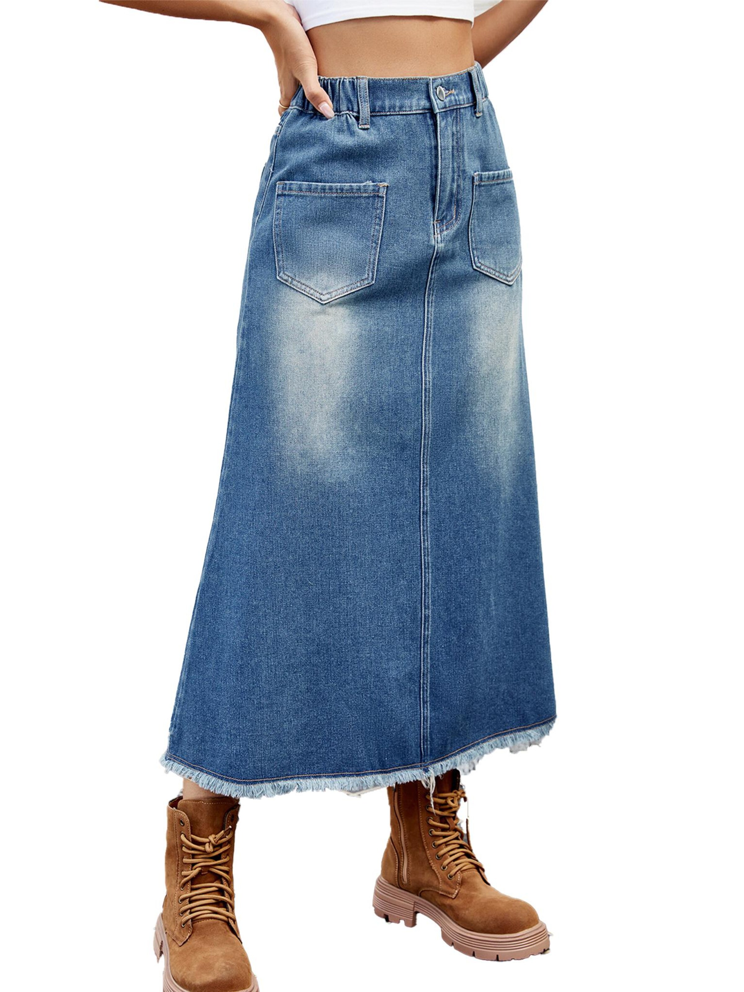 KoJooin Rock 'Damen-Jeansrock Maxi A-Linie Hochtailliert Offener Saum Lässiger Jeansrock'‌‌‌‌‌‌‌‌‌‌ in Blau
