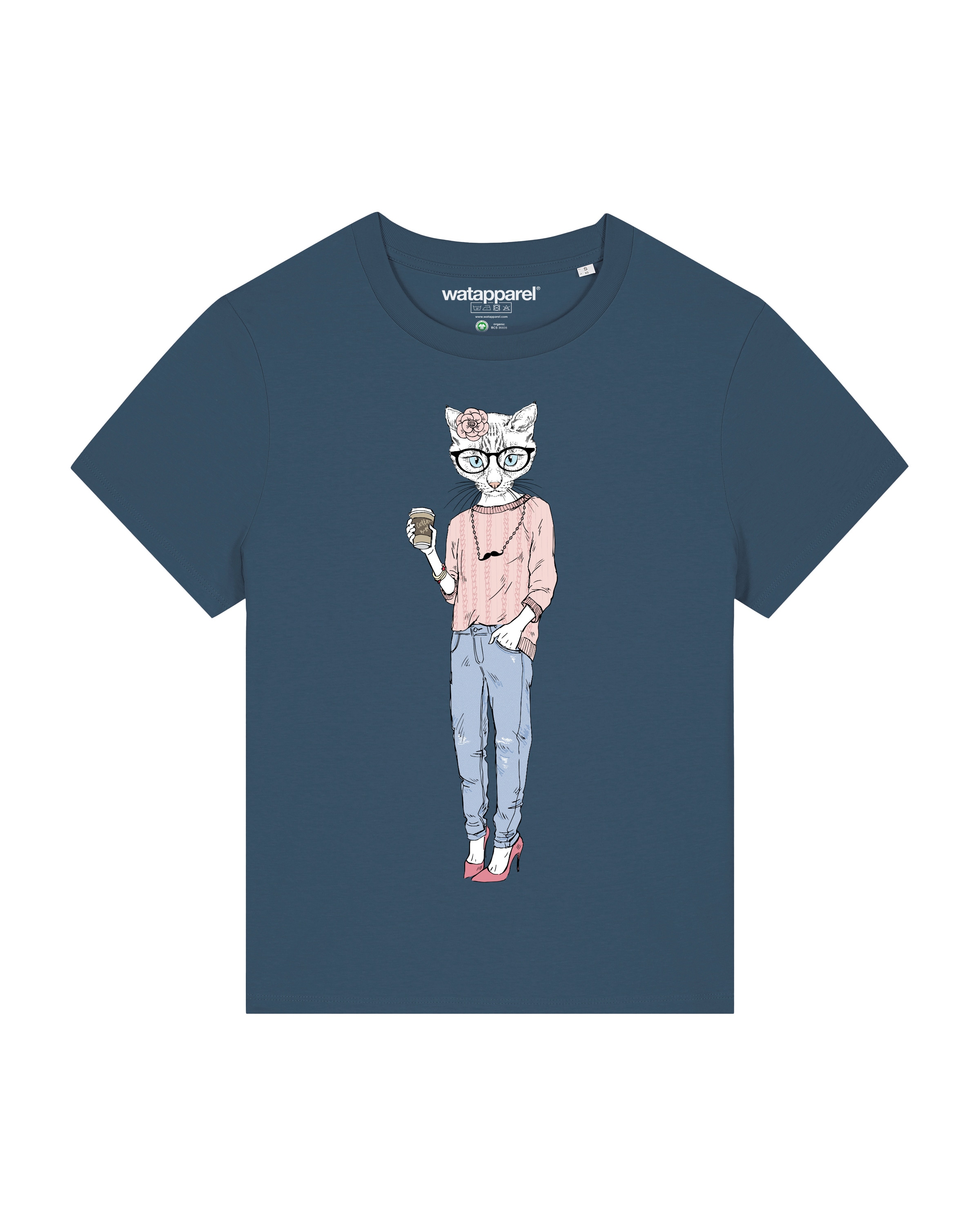 Maglietta ' Hipster Cat with Moustache ' di Watapparel in blu: frontale