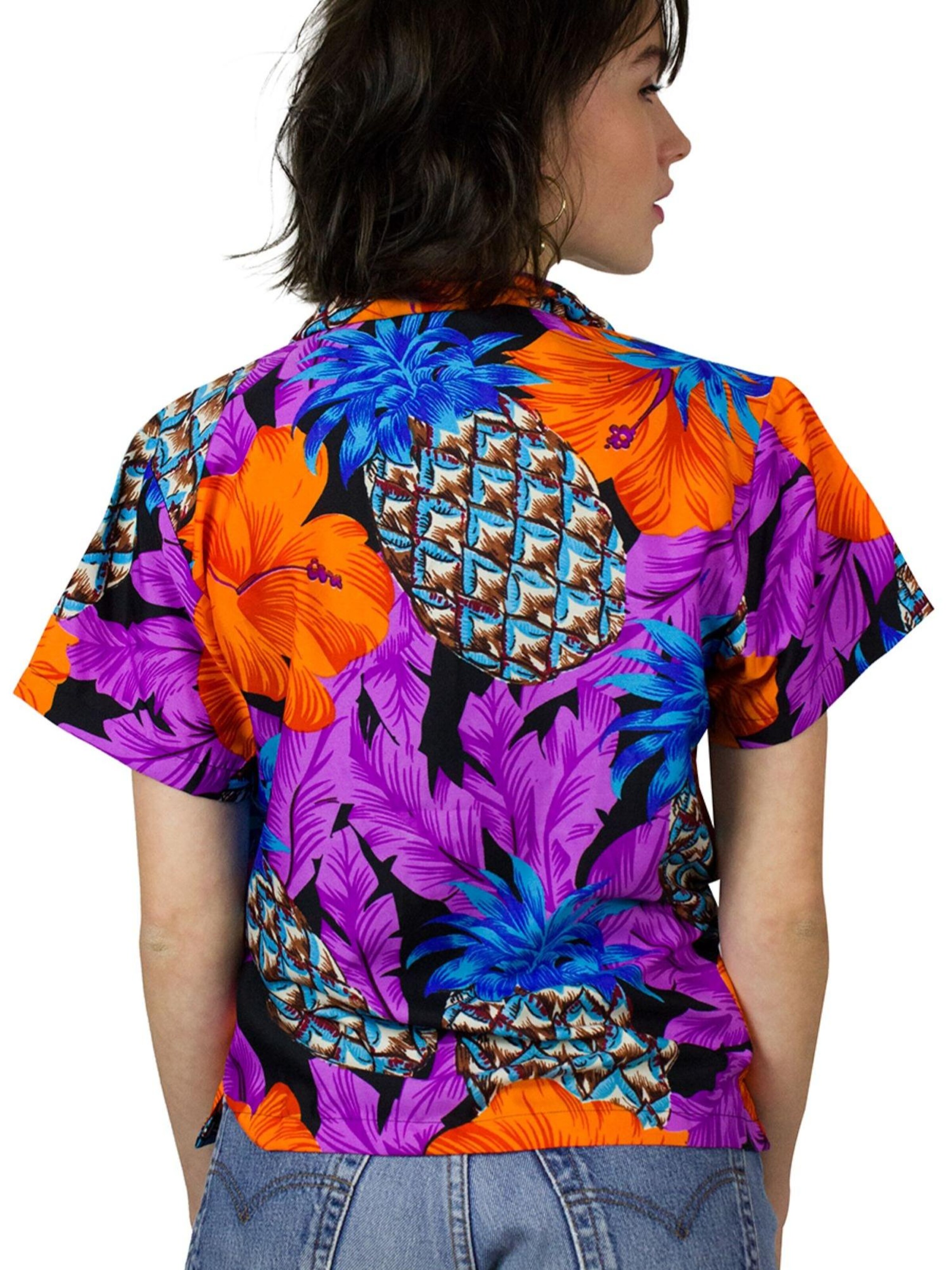 King Kameha Bluse 'Pineapple Hibiscus Black Line'‌‌‌‌ in Lila