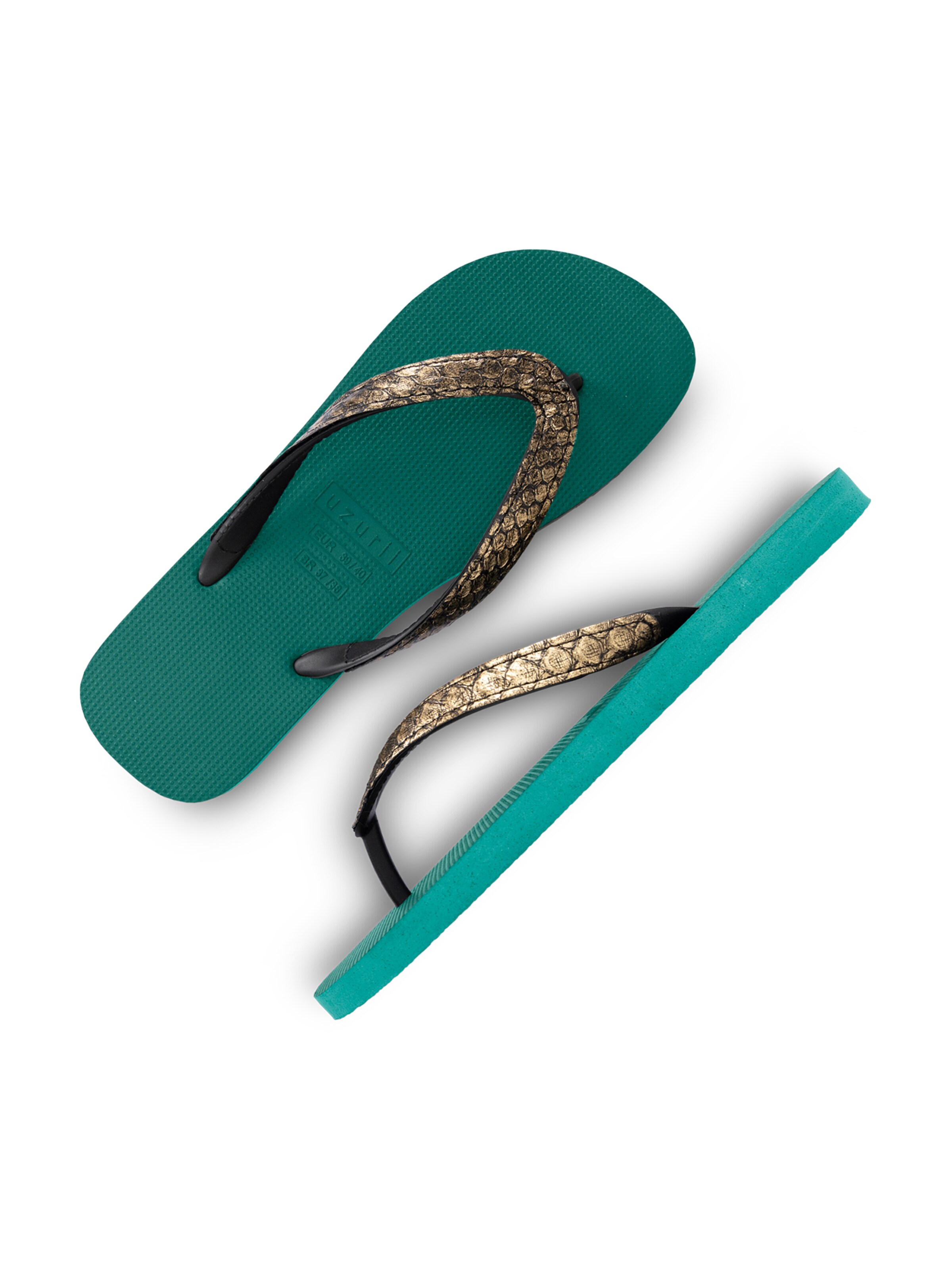 Uzurii Luxury Footwear T-Bar Sandals 'Python' in Green