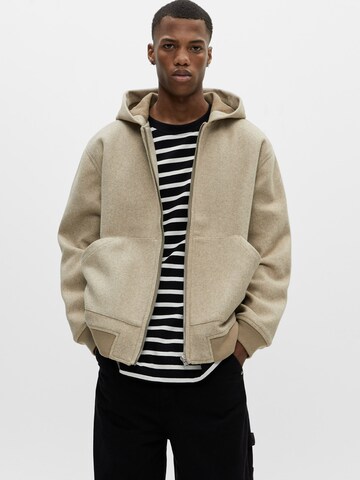 Pull&Bear Zip-Up Hoodie in Beige: front