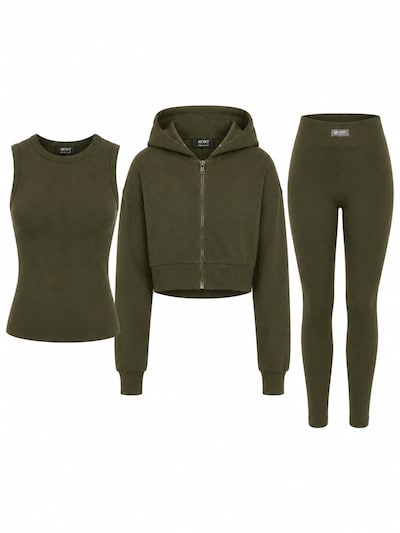 Mowi Fit Trainingspak 'Hoodie Legging Set' in S in de kleur Olijfgroen, Productweergave