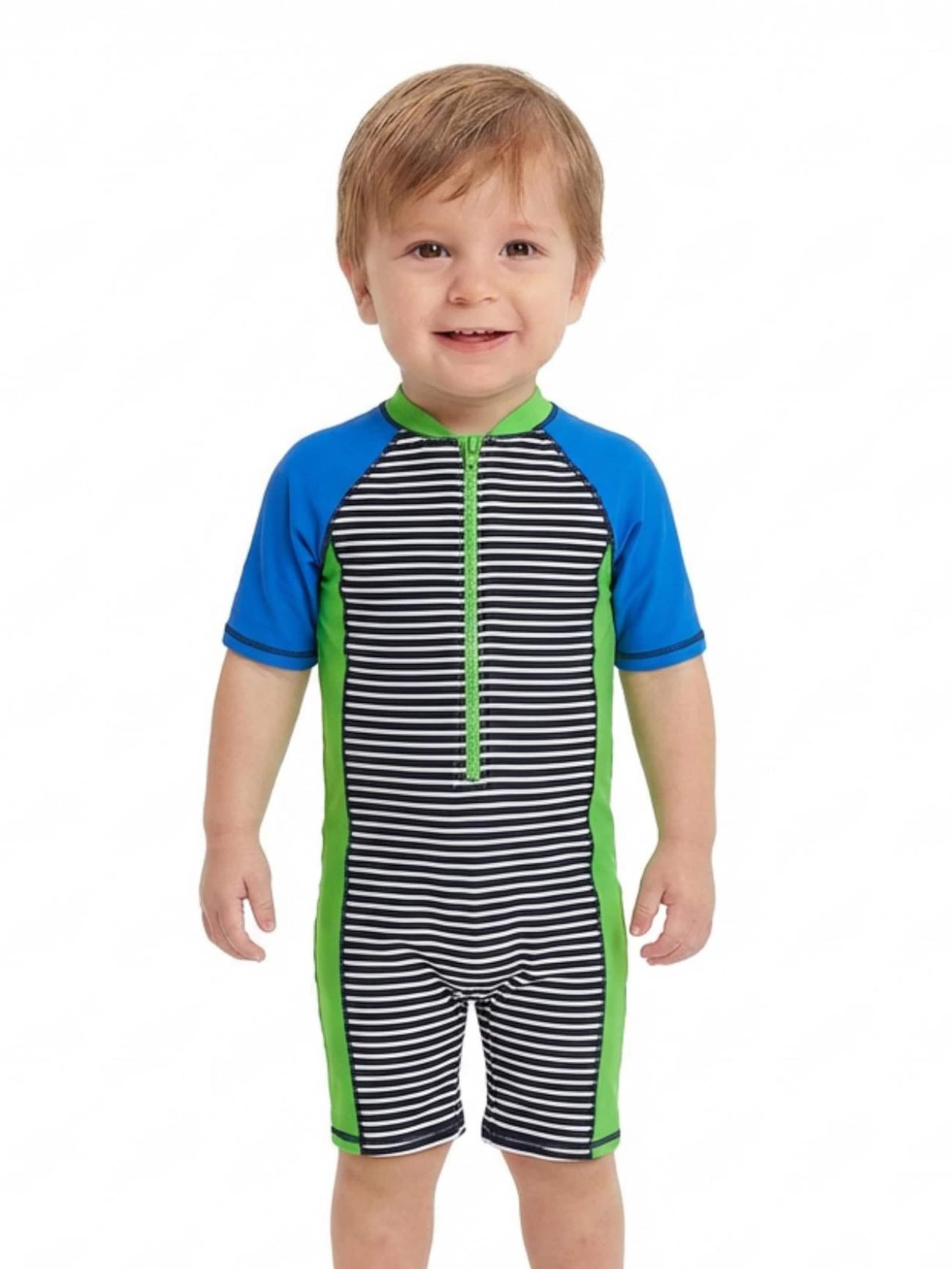 BONVERANO Athletic Swimwear 'Baby Jungen UV Badeanzug 50+ Kurzarm Frontreißverschluss inkl Sonnenhut' in Green: front