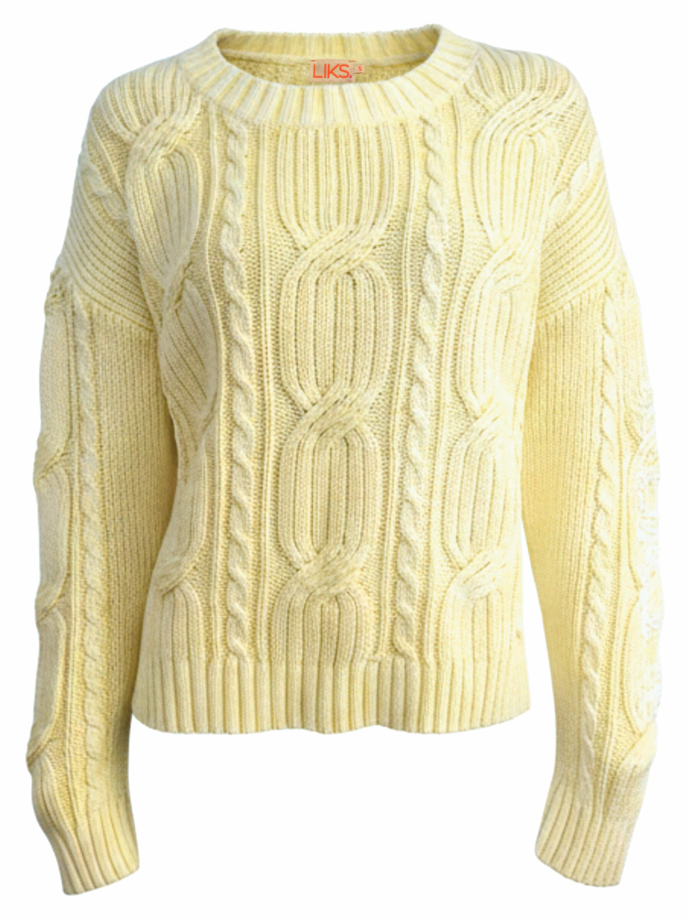 LIKS. Munich Sweter 'Strickpullover aus Zopfmuster mit Stickerei aus Baumwolle - DoroC' w kolorze żółty: przód
