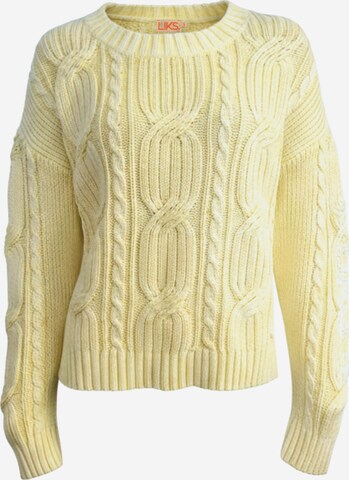 LIKS. Munich Sweter 'Strickpullover aus Zopfmuster mit Stickerei aus Baumwolle - DoroC' w kolorze żółty: przód