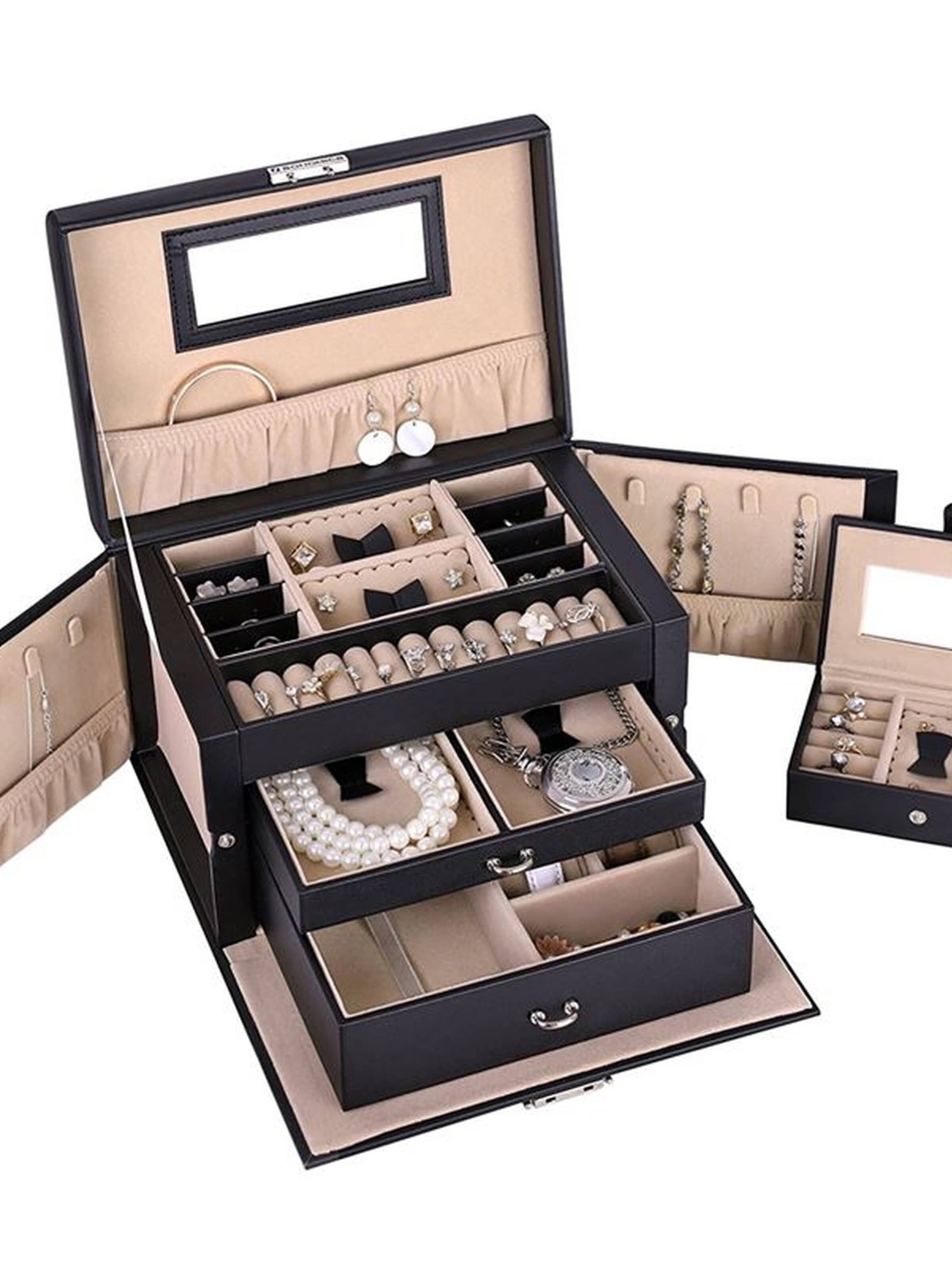 Boîte à bijoux 'Leather Jewelry Box with 20 Compartments - Black' UNIQ Beauty en noir