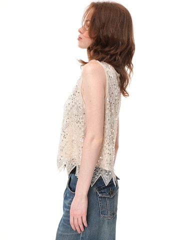 Haut 'Beaded Sequined Mesh Sleeveless Top, Irregular Pointed‑Hem Sheer Crew Neck Vest' yoligex en blanc