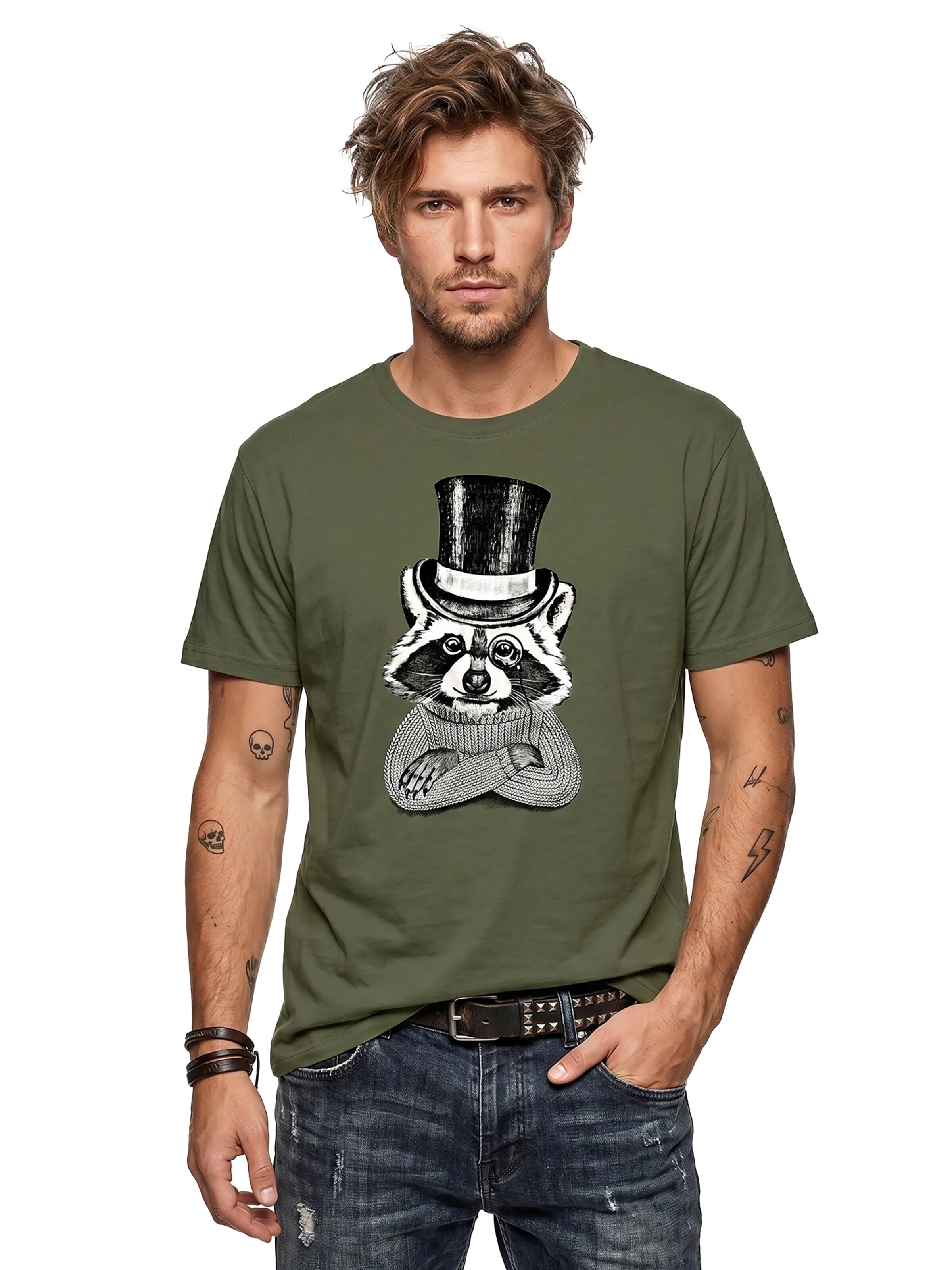MAKAYA Shirt 'Waschbär Hut' in Green