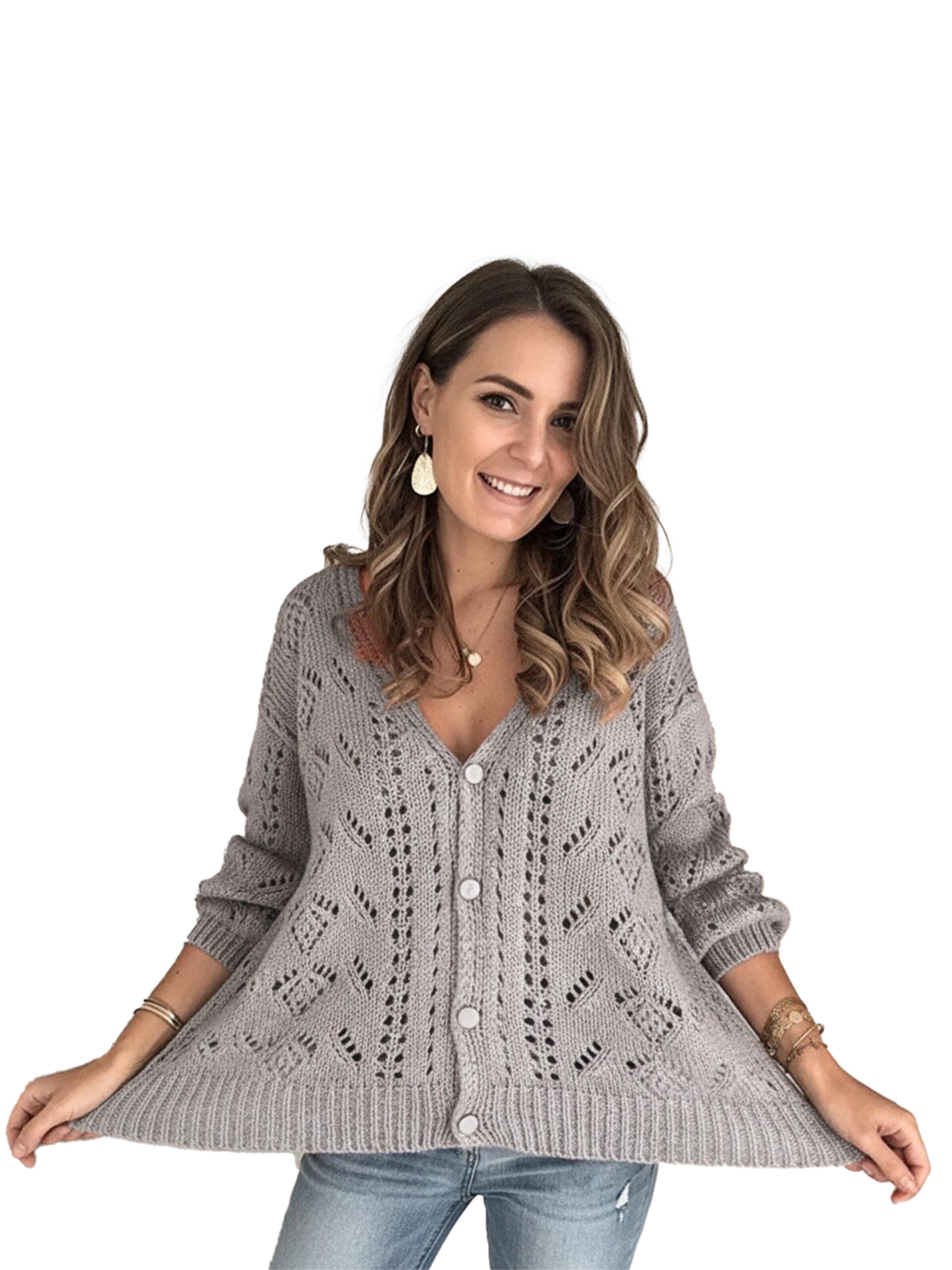 KoJooin Kardigan 'Damen Strickcardigan mit V-Ausschnitt Langarm,Strukturierter Lochmuster-Strick und Knopfleiste' w kolorze szary